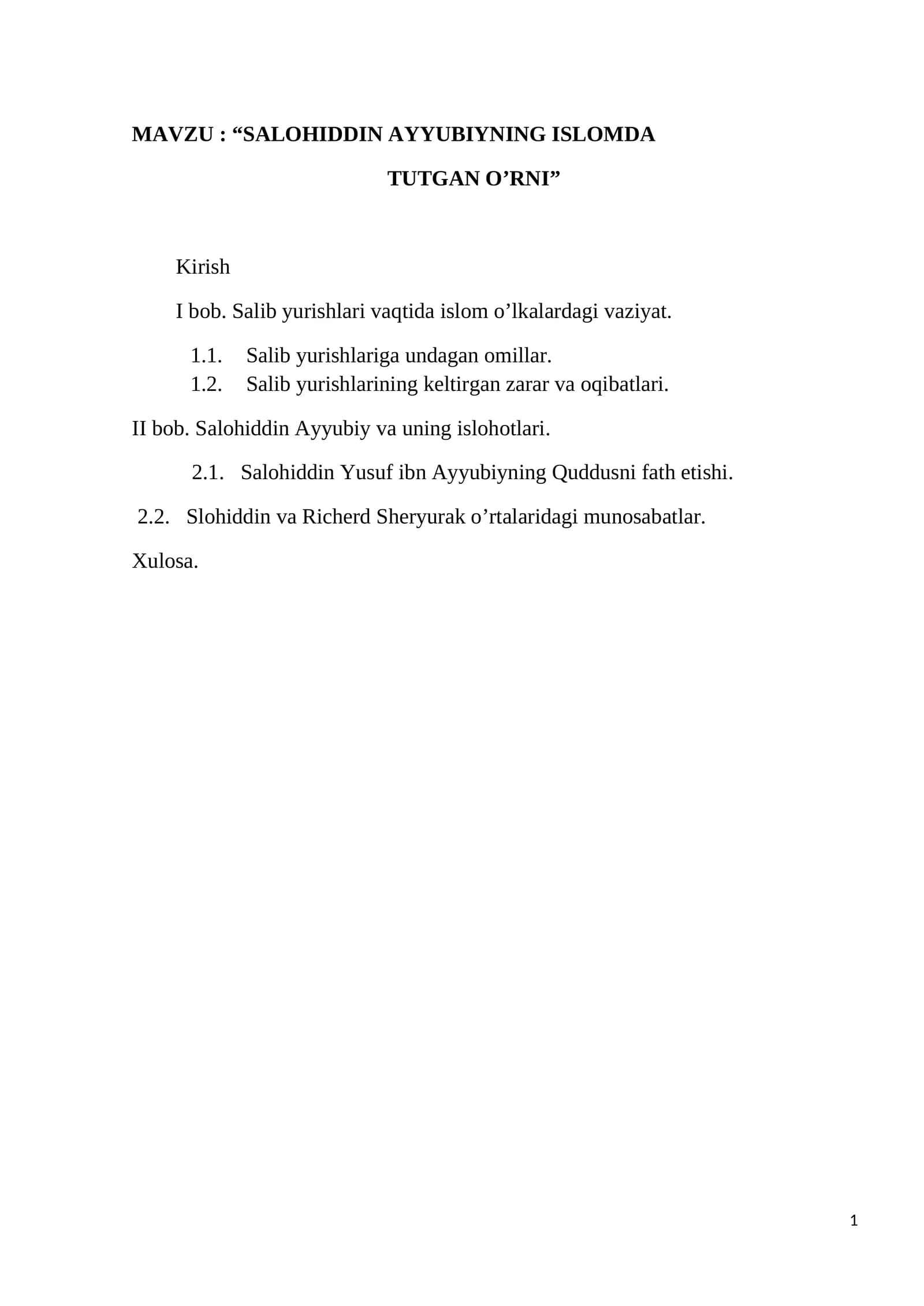 SALOHIDDIN AYYUBIYNING ISLOMDA TUTGAN O’RNI
