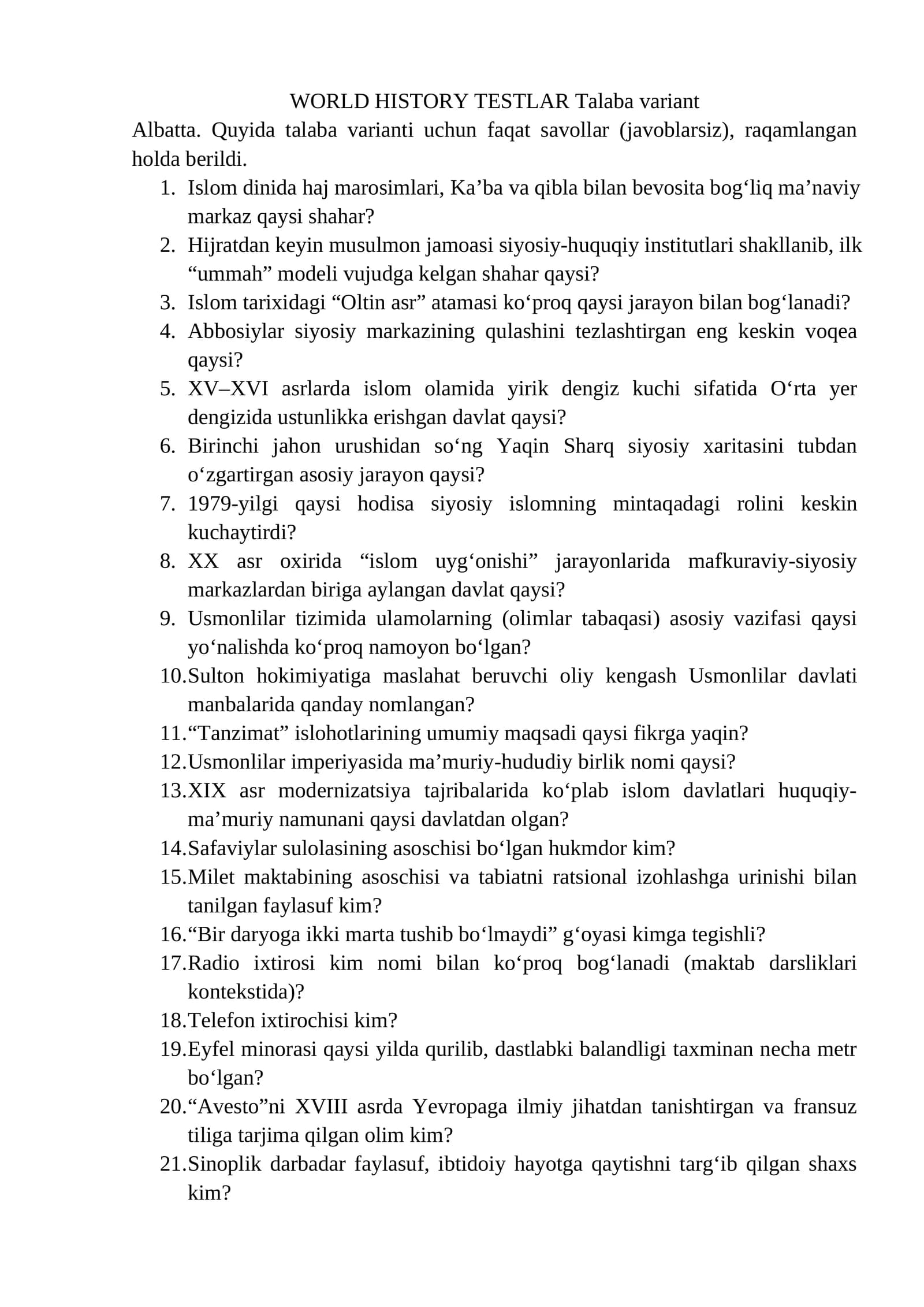 DUNYO TARIXI TESTLARI Talaba varianti