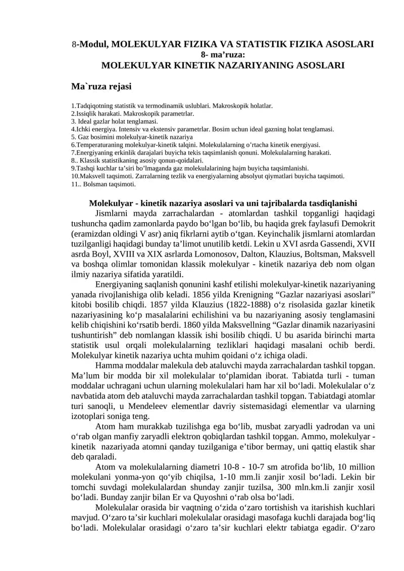 MOLEKULYAR FIZIKA VA STATISTIK FIZIKA ASOSLARI