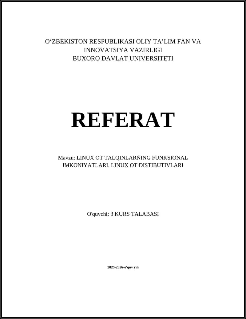 Linux OT talqinlarning funksional imkoniyatlari va distributivlari