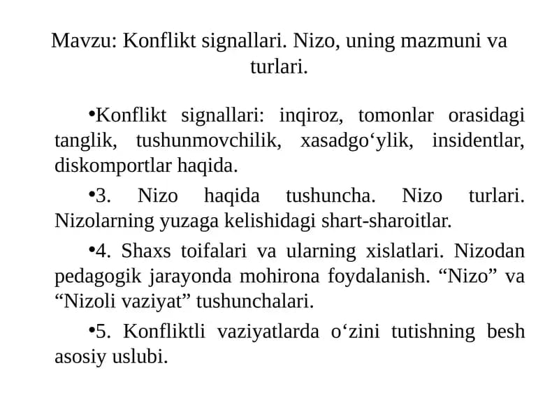 Konfliktsignallari. Nizo, uning mazmuni va turlari