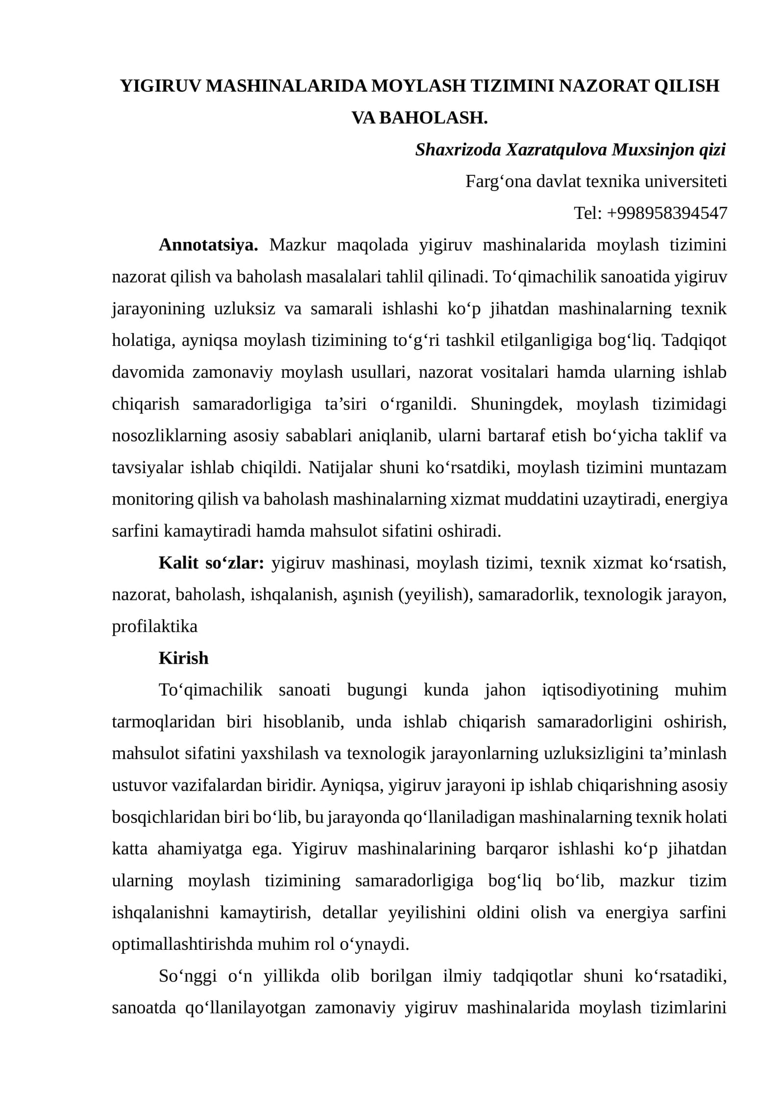 YIGIRUV MASHINALARIDA MOYLASH TIZIMINI NAZORAT QILISH VA BAHOLASH