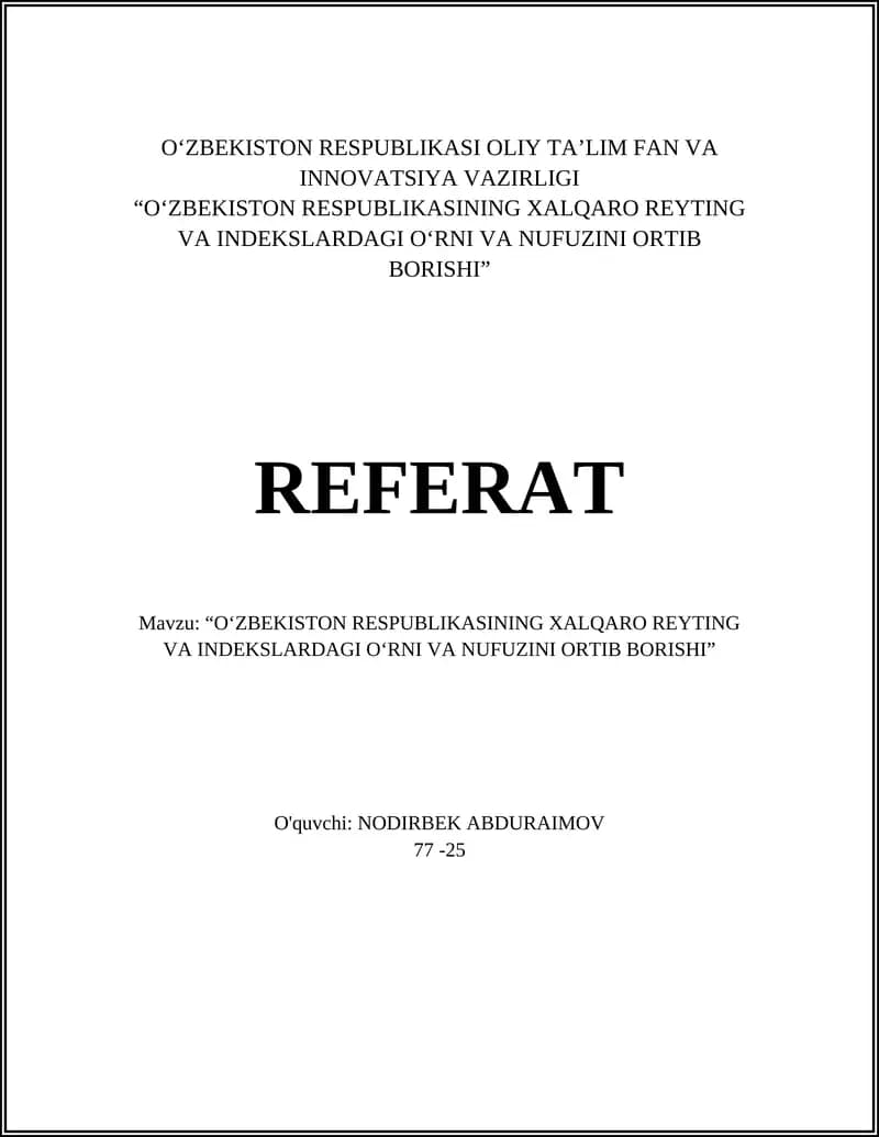 O‘ZBEKISTON RESPUBLIKASI OLIY TA’LIM FAN VA INNOVATSIYA VAZIRLIGI REFERAT