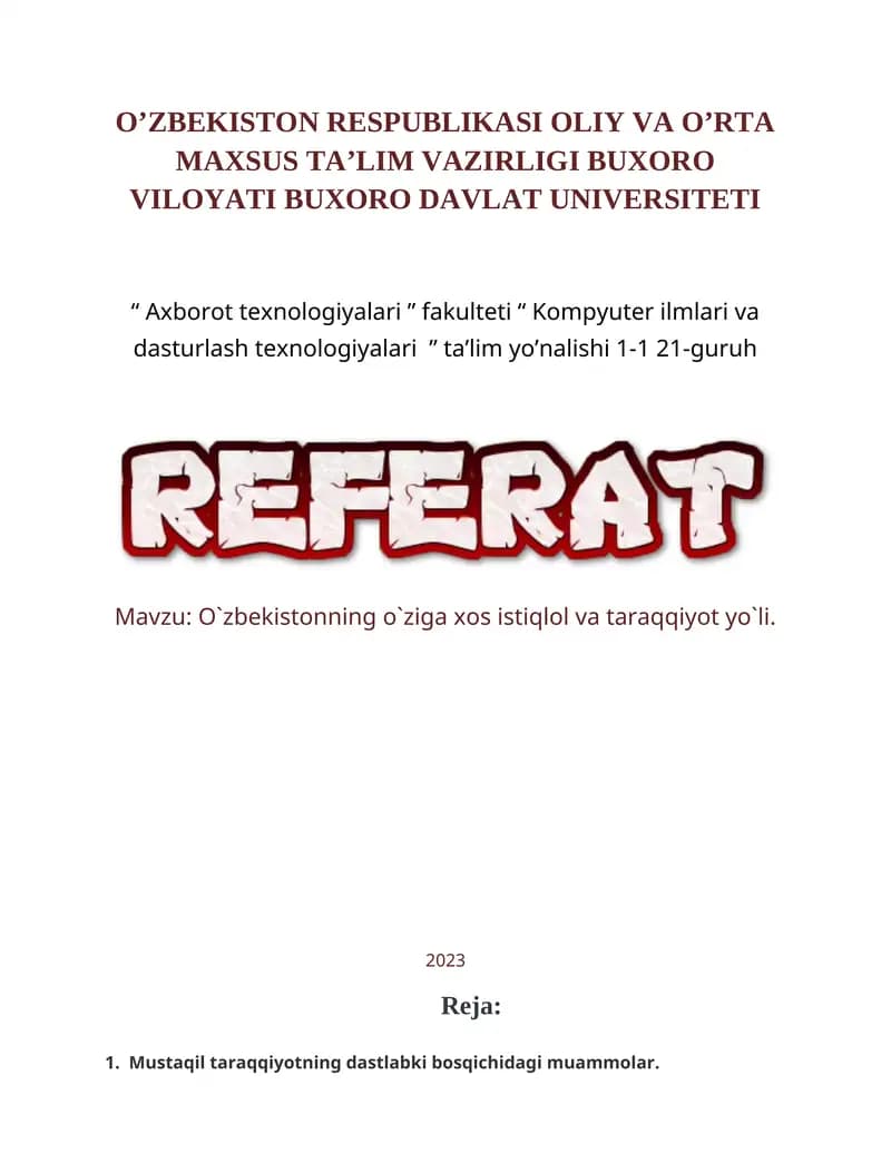 "O`zbekistonning o`ziga xos istiqlol va taraqqiyot yo`li"