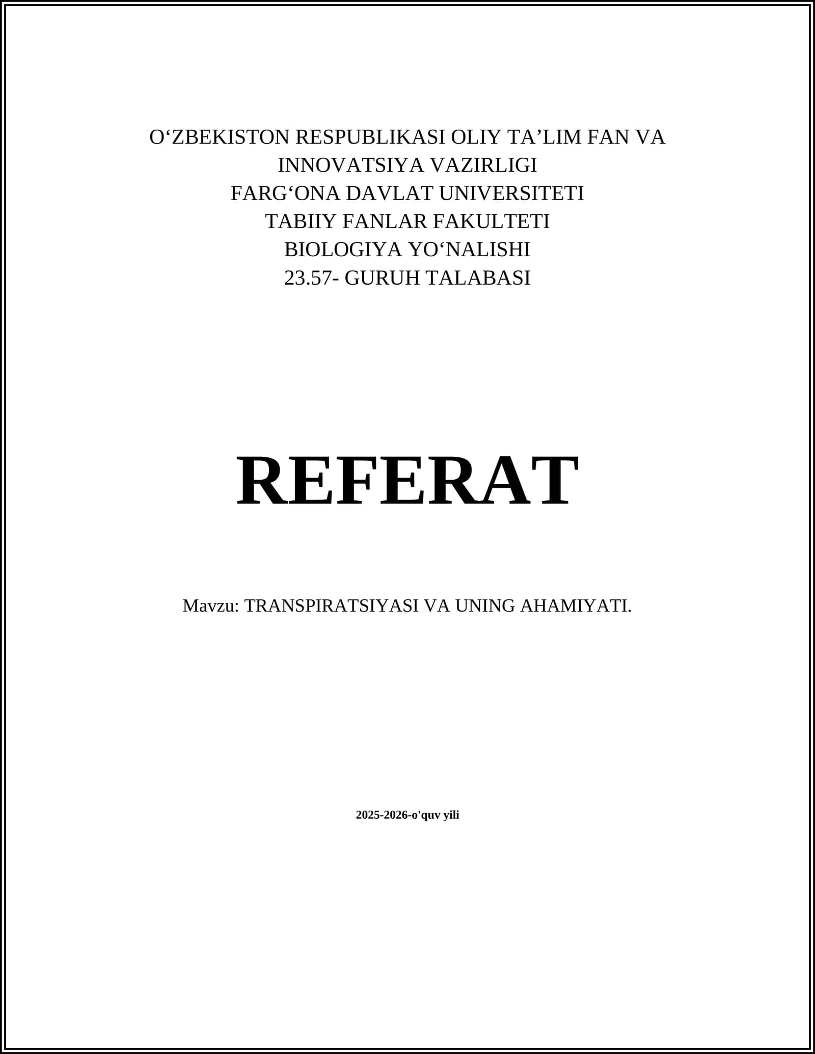 Transpiratsiyasi va uning ahamiyati
