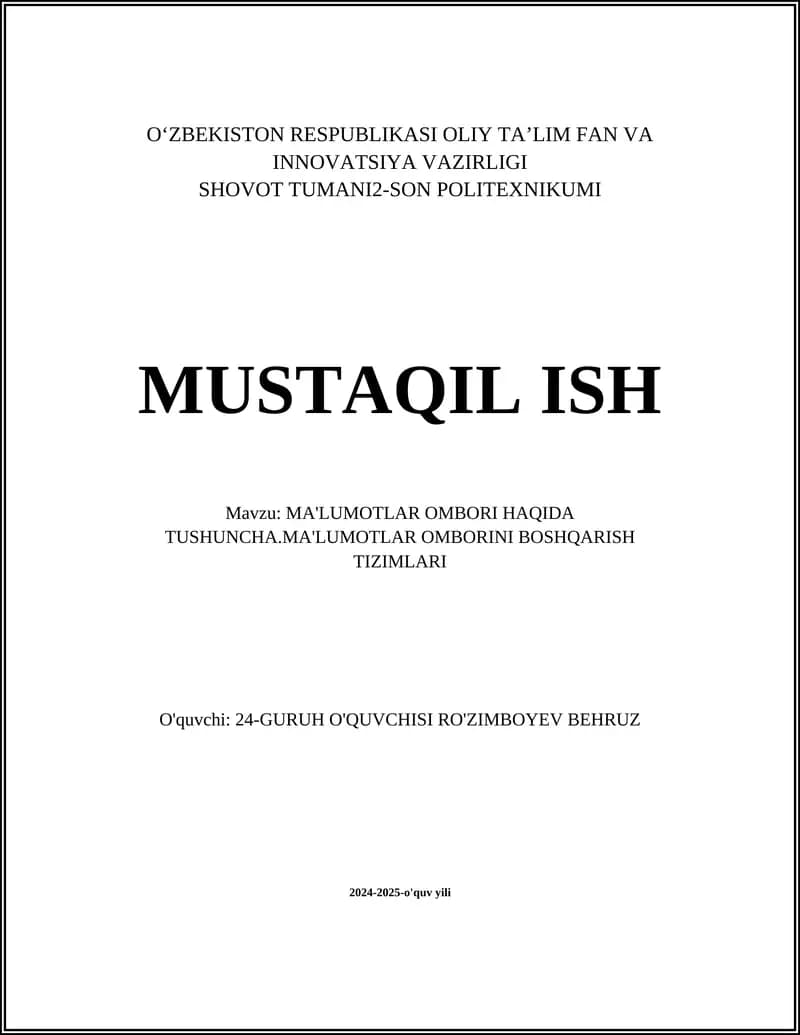 MA'LUMOTLAR OMBORI HAQIDA TUSHUNCHA