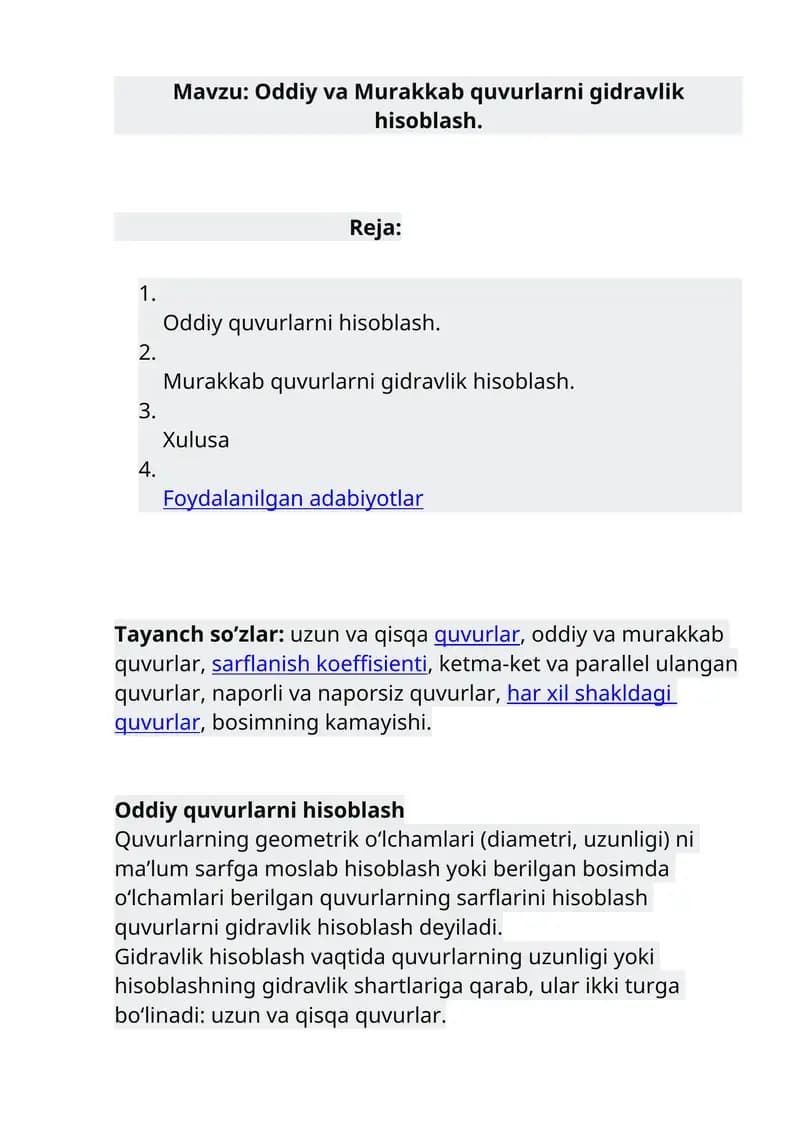 Oddiy va Murakkab quvurlarni gidravlik hisoblash