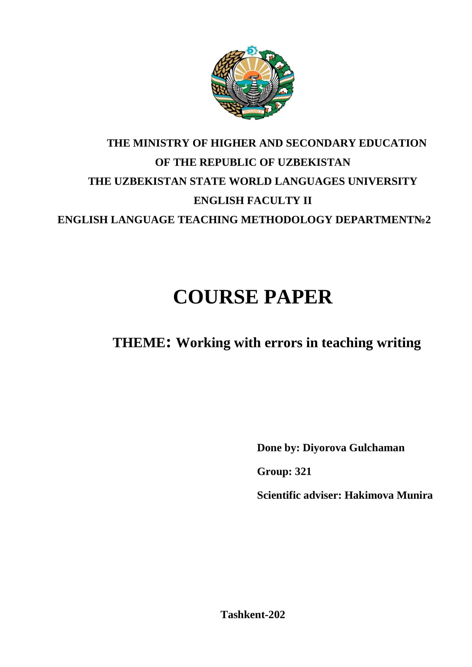 COURSE PAPER THEME: Working with errors in teaching writing