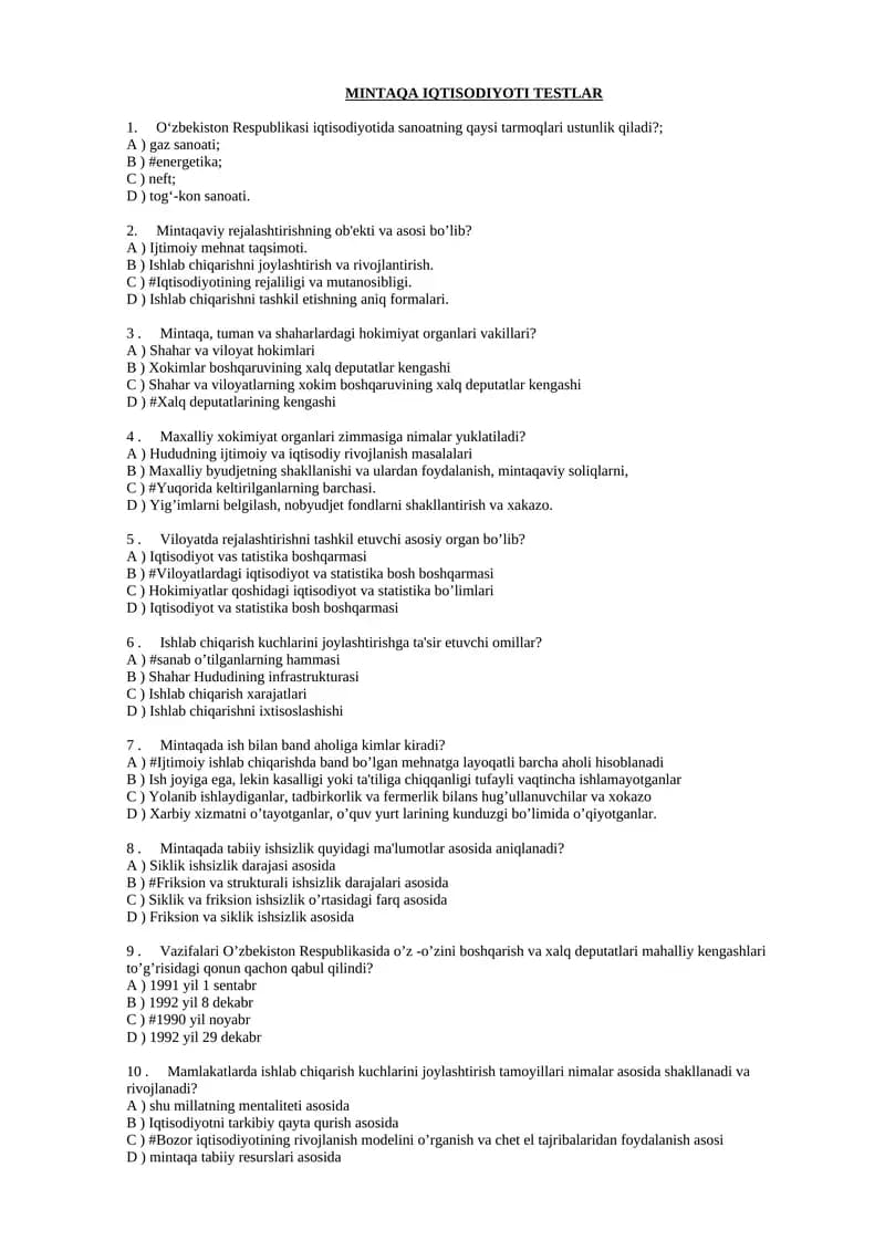 MINTAQA IQTISODIYOTI TESTLAR