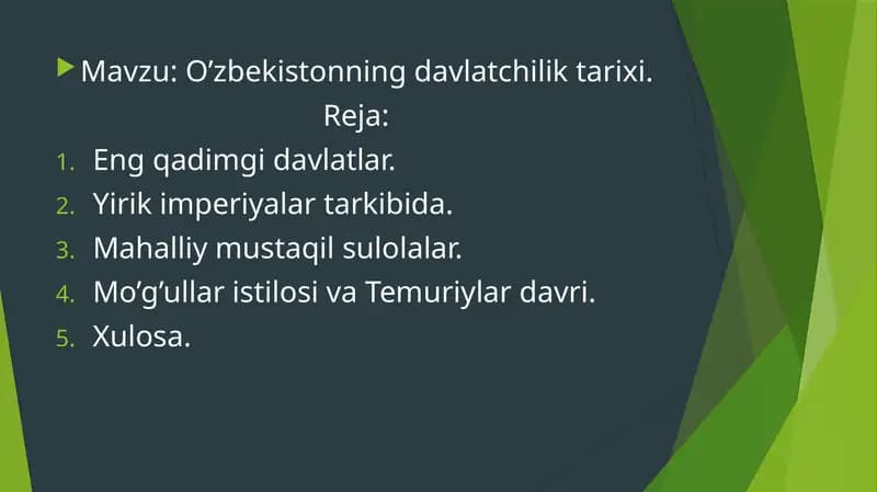 O’zbekistonning davlatchilik tarixi.