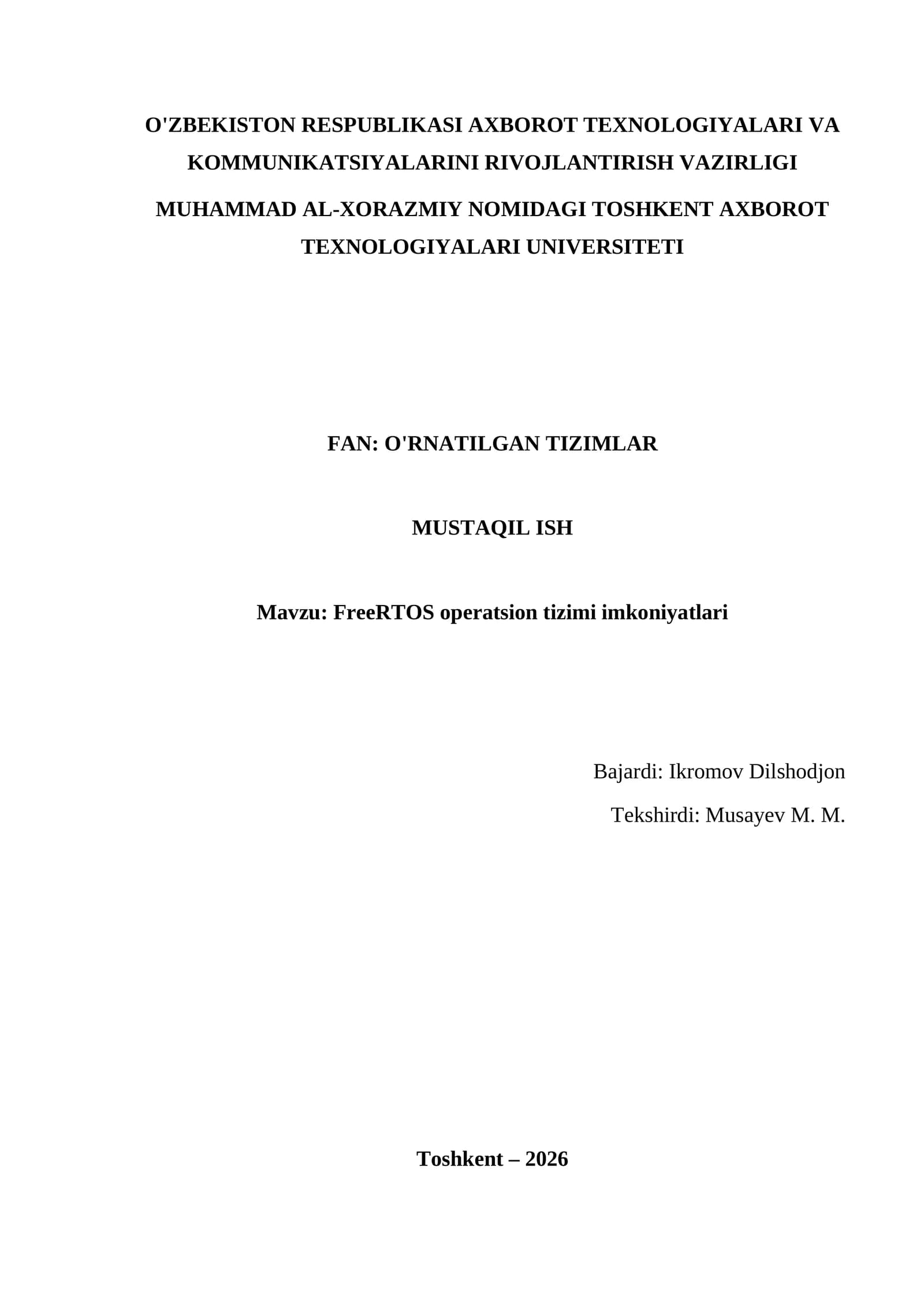 FreeRTOS operatsion tizimi imkoniyatlari
