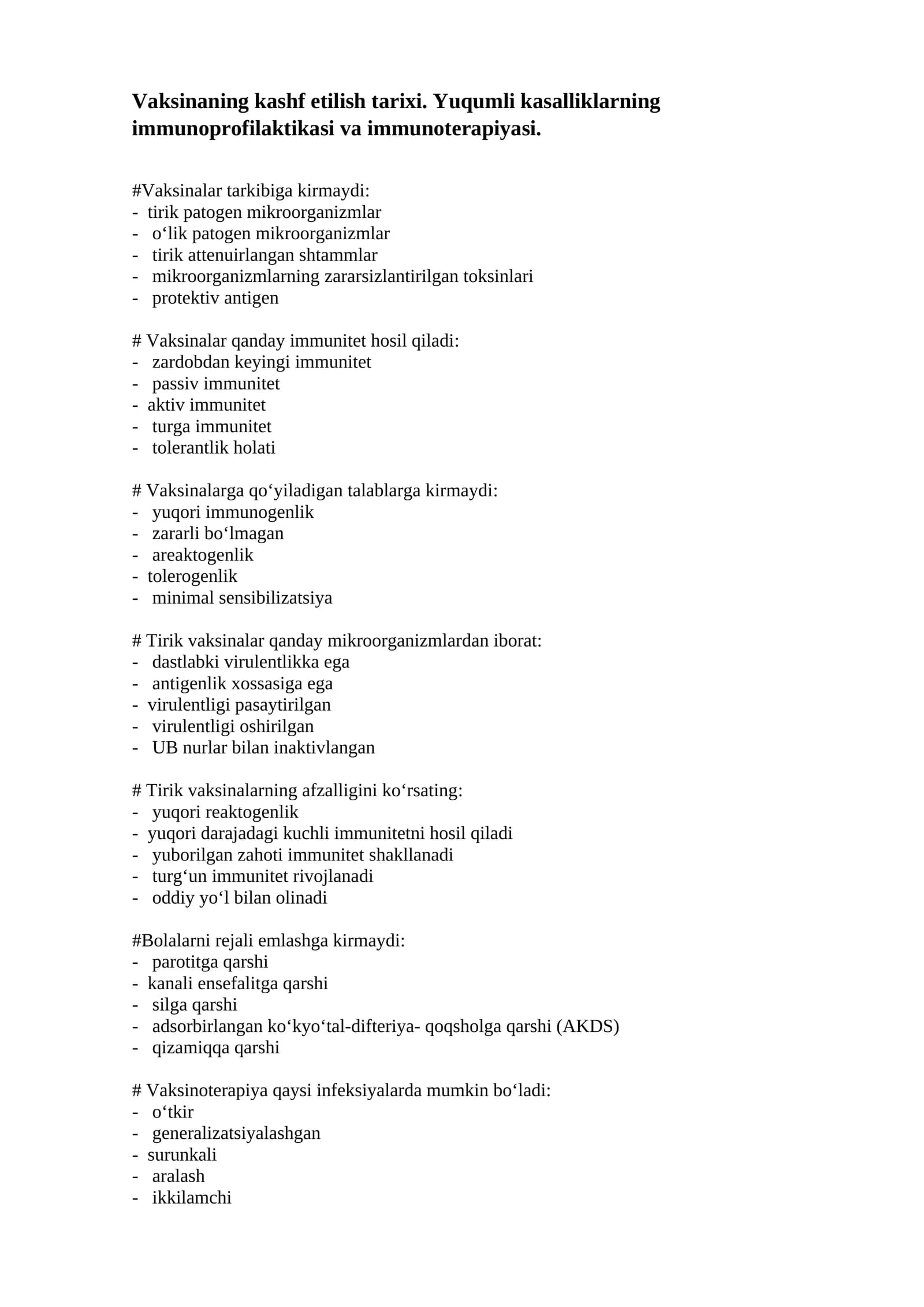 Vaksinaning kashf etilish tarixi. Yuqumli kasalliklarning immunoprofilaktikasi va immunoterapiyasi