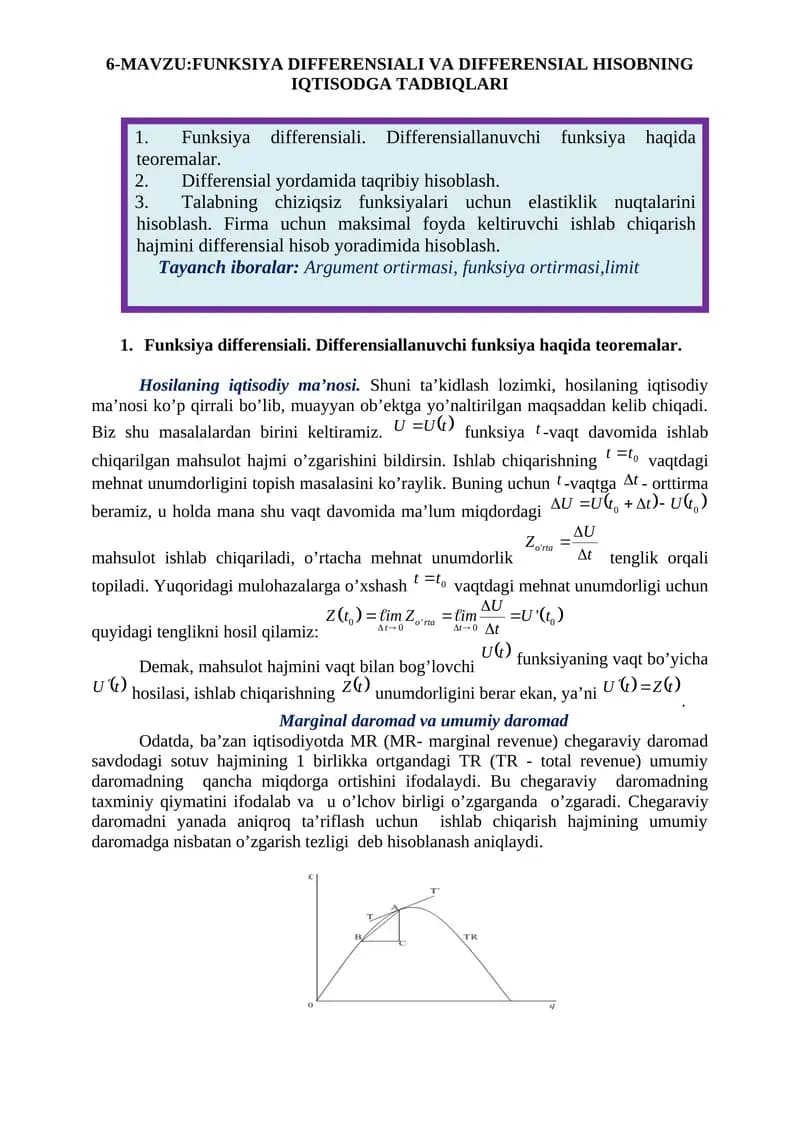 FUNKSIYA DIFFERENSIALI VA DIFFERENSIAL HISOBNING IQTISODGA TADBIQLARI