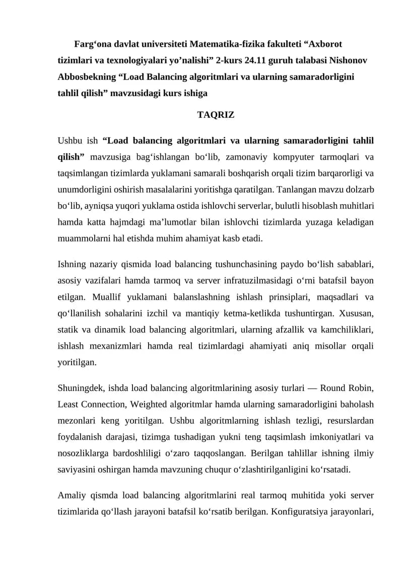 Load Balancing algoritmlari va ularning samaradorligini tahlil qilish