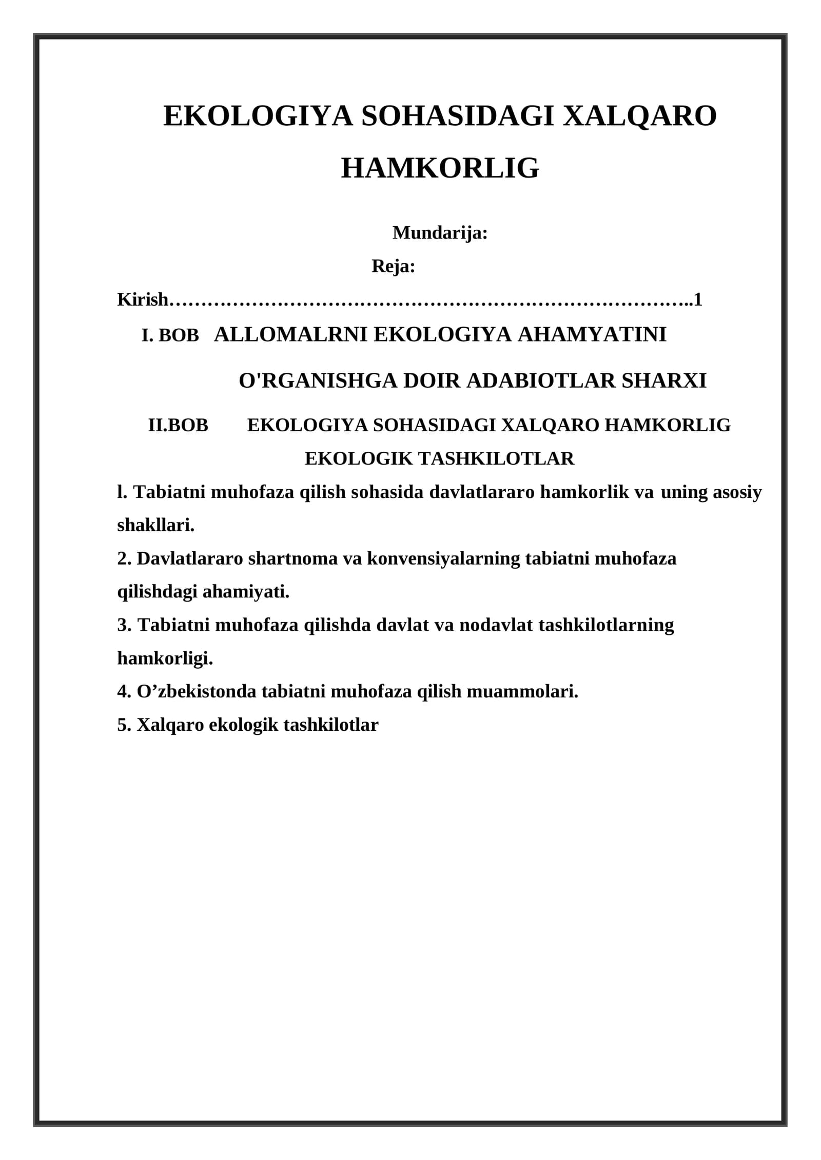 EKOLOGIYA SOHASIDAGI XALQARO HAMKORLIG