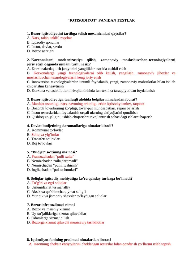 IQTISODIYOT Fanidan Testlar