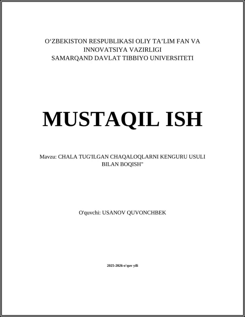 CHALA TUG'ILGAN CHAQALOQLARNI KENGURU USULI BILAN BOQISH
