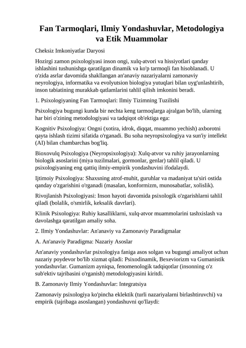 Psixologiyaning Fan Tarmoqlari