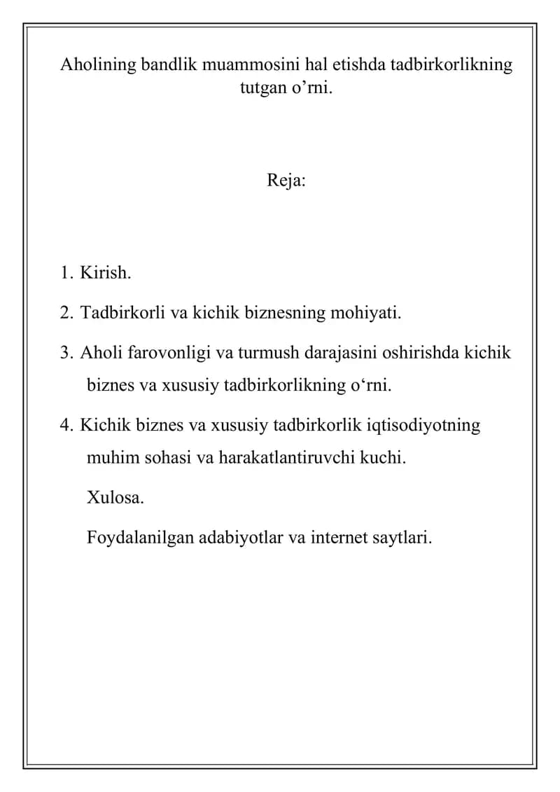 Aholining bandlik muammosini hal etish