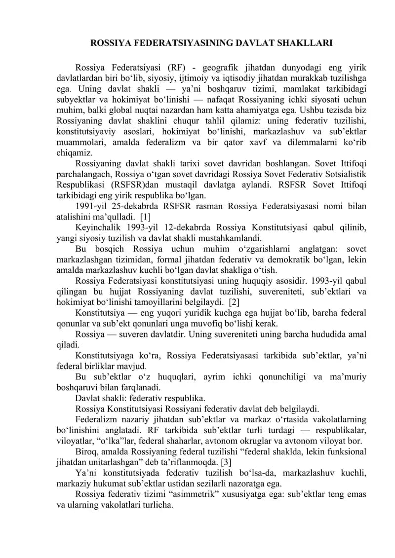 Rossiya davlat shakllari tezis