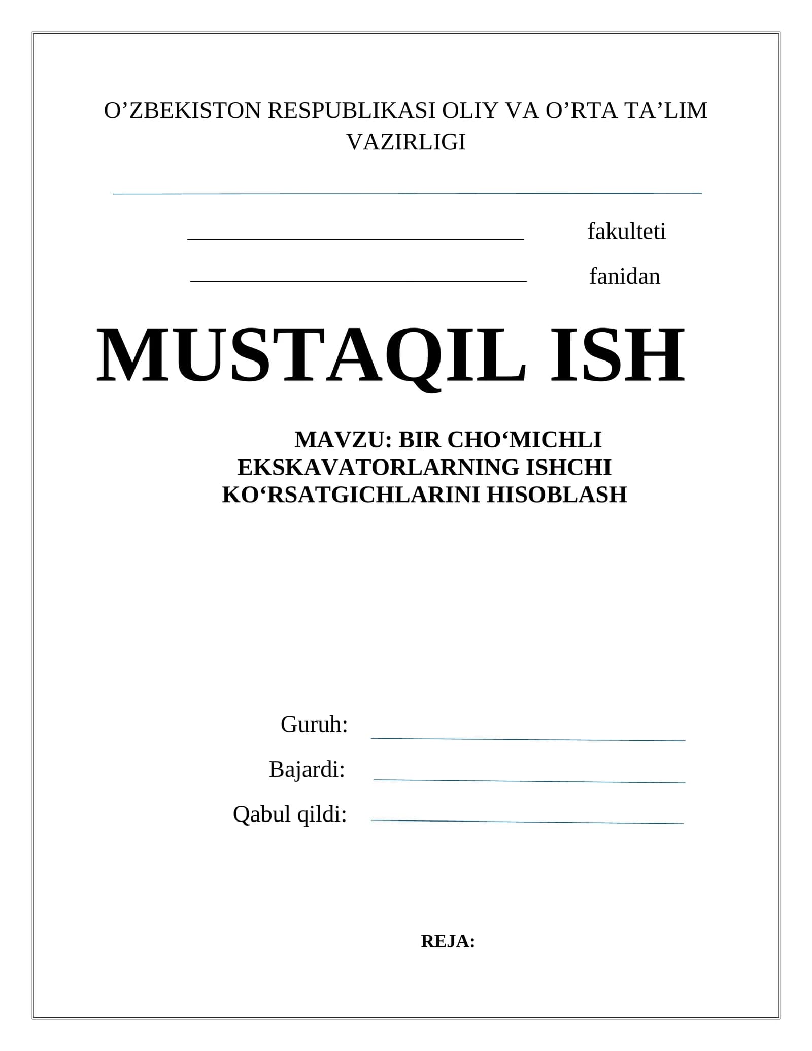 BIR CHO‘MICHLI EKSKAVATORLARNING ISHCHI KO‘RSATGICHLARINI HISOBLASH