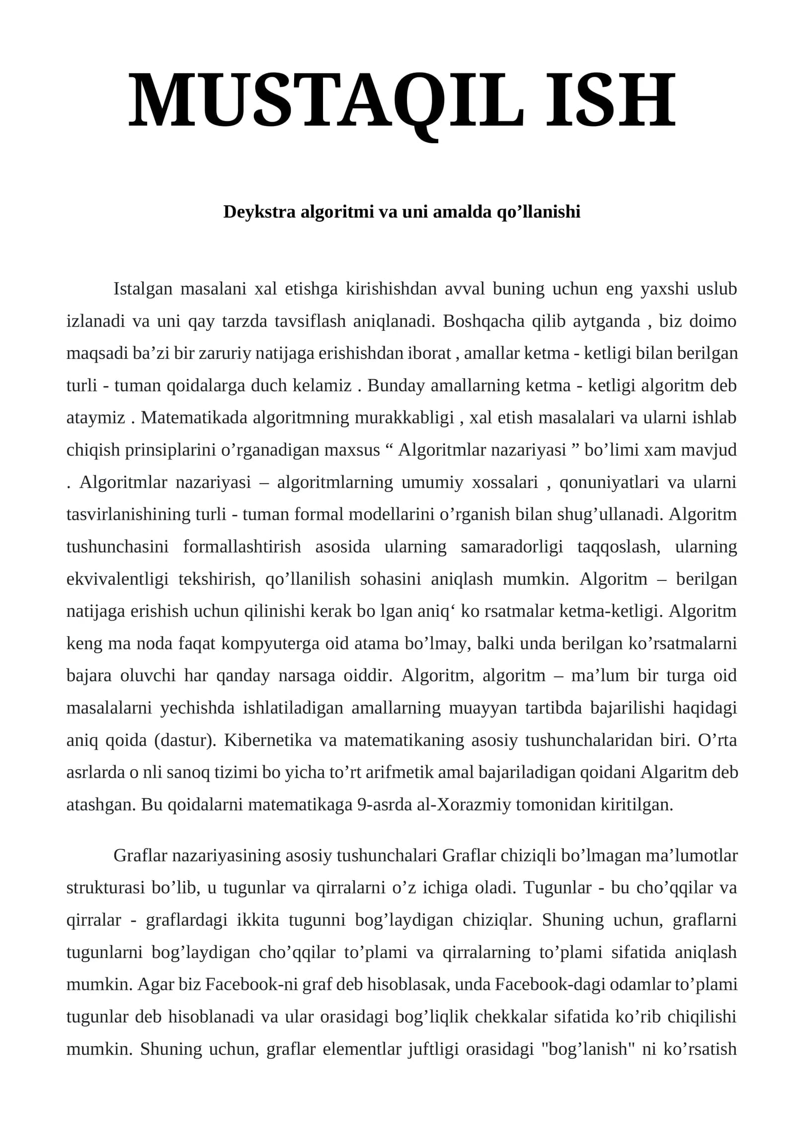 Deykstra algoritmi va uni amalda qoʼllanishi