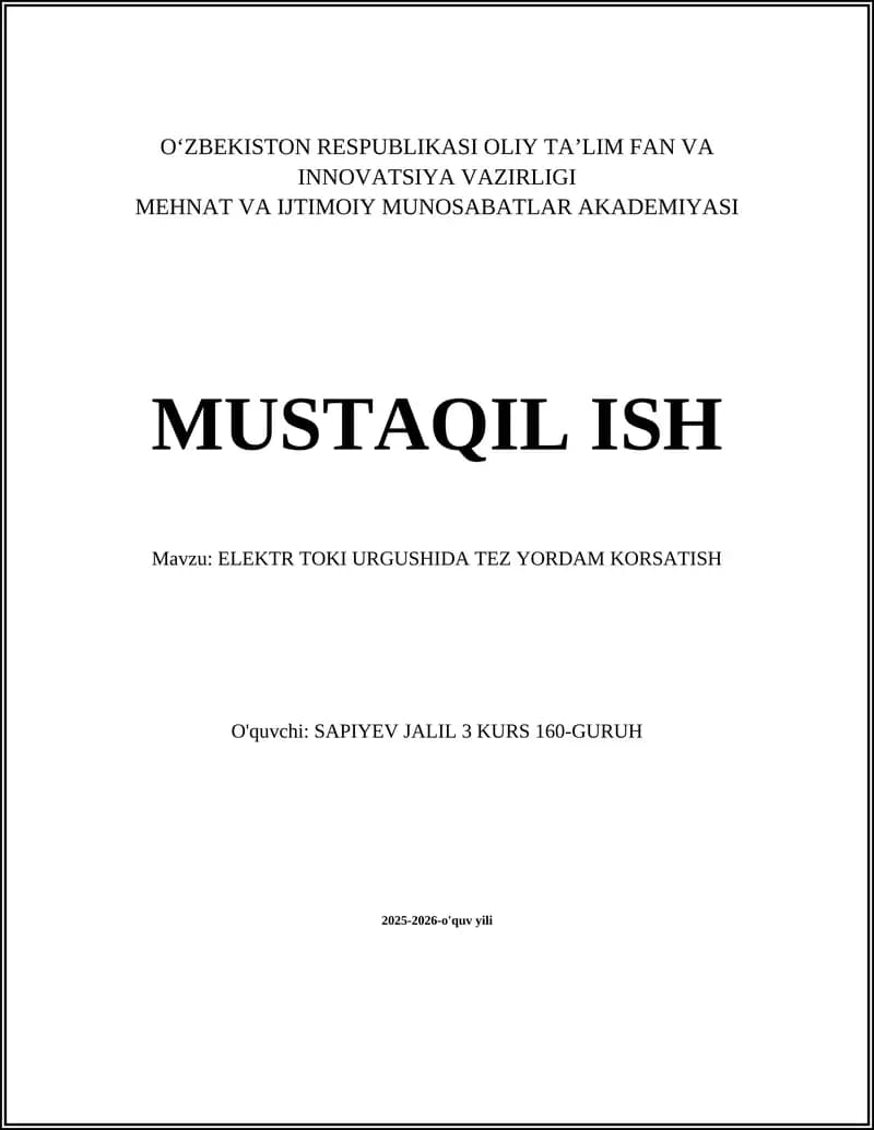 ELEKTR TOKI URGUSHIDA TEZ YORDAM KORSATISH