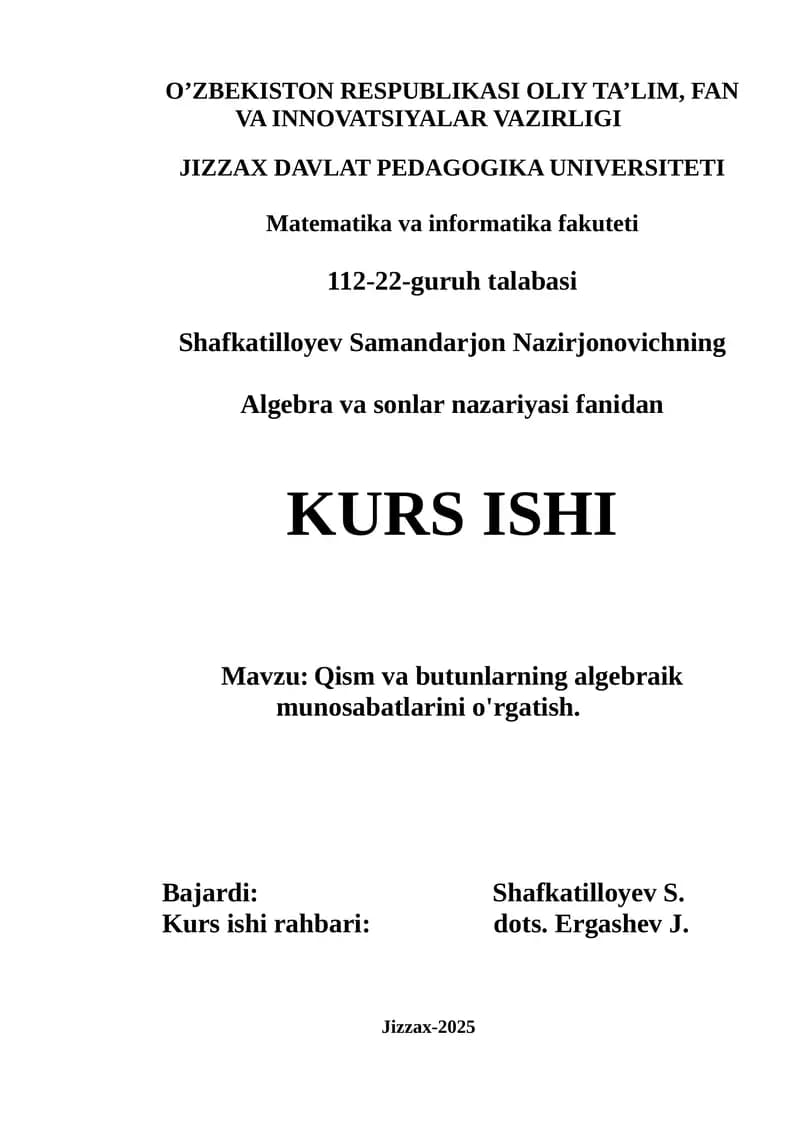 Kurs ishi Algebra va Sonlar nazariyasi