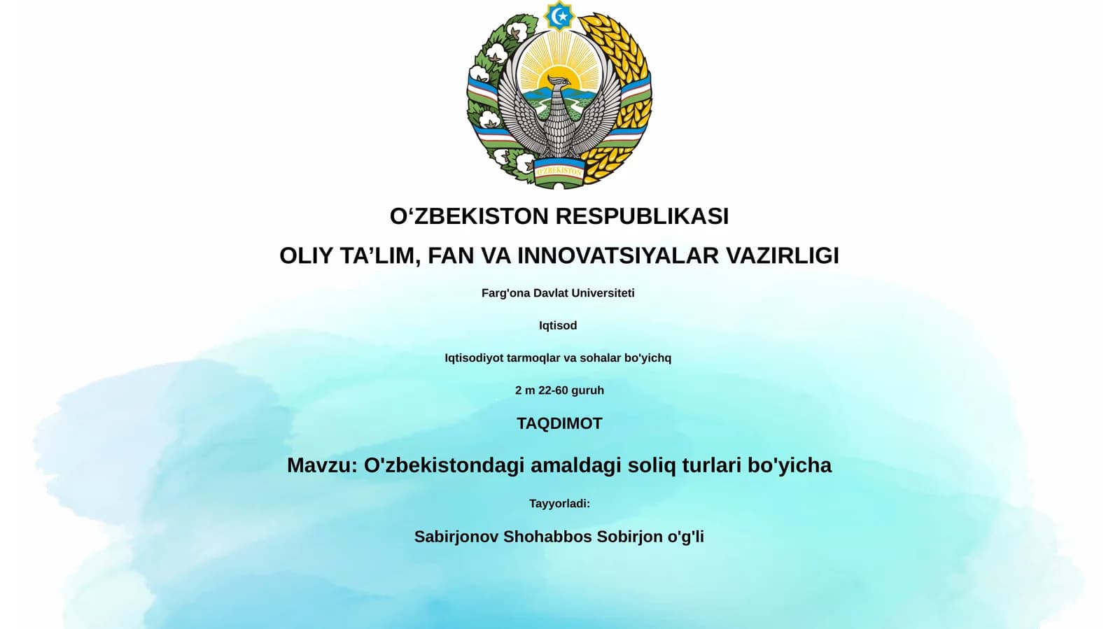 O'zbekistondagi amaldagi soliq turlari bo'yicha