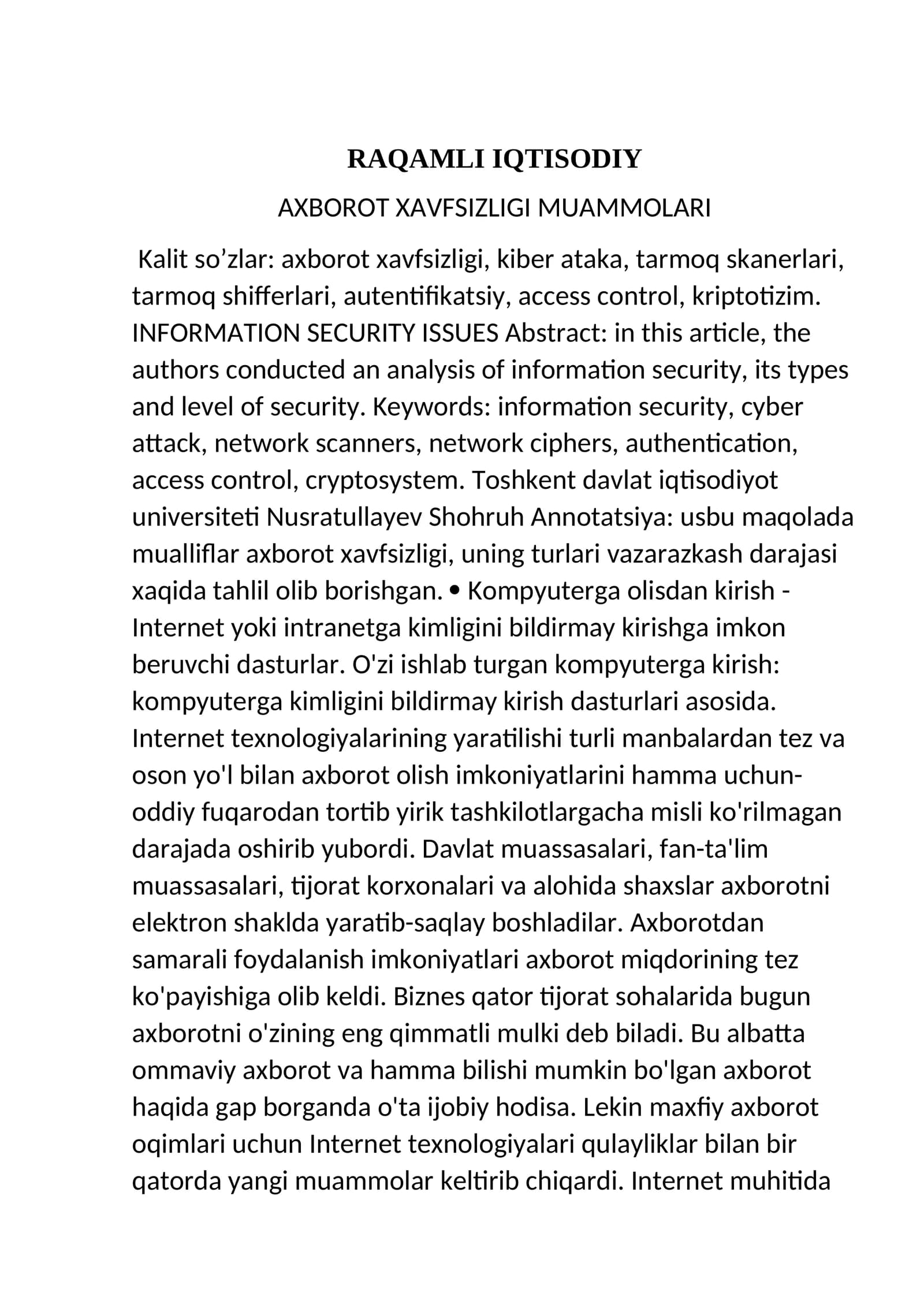 RAQAMLI IQTISODIY AXBOROT XAVFSIZLIGI MUAMMOLARI
