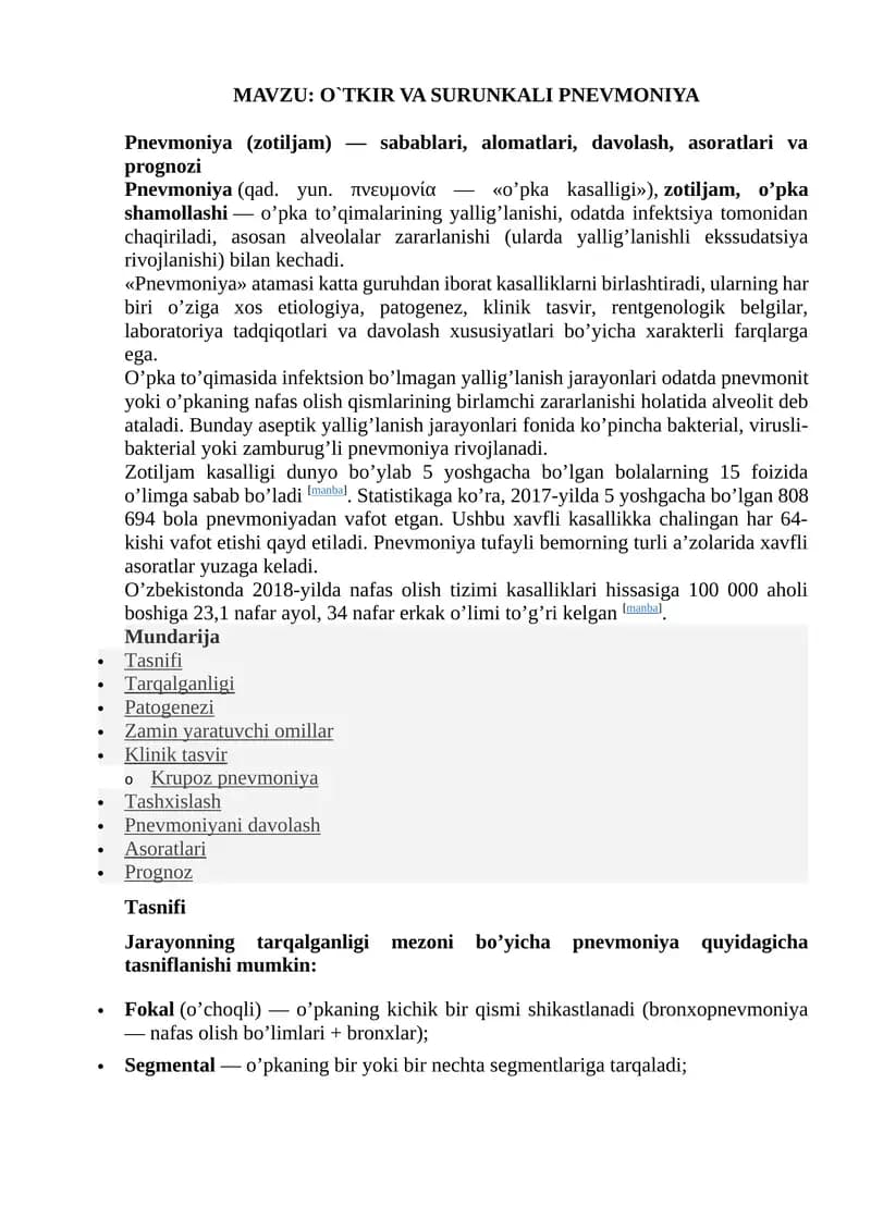 O`TKIR VA SURUNKALI PNEVMONIYA