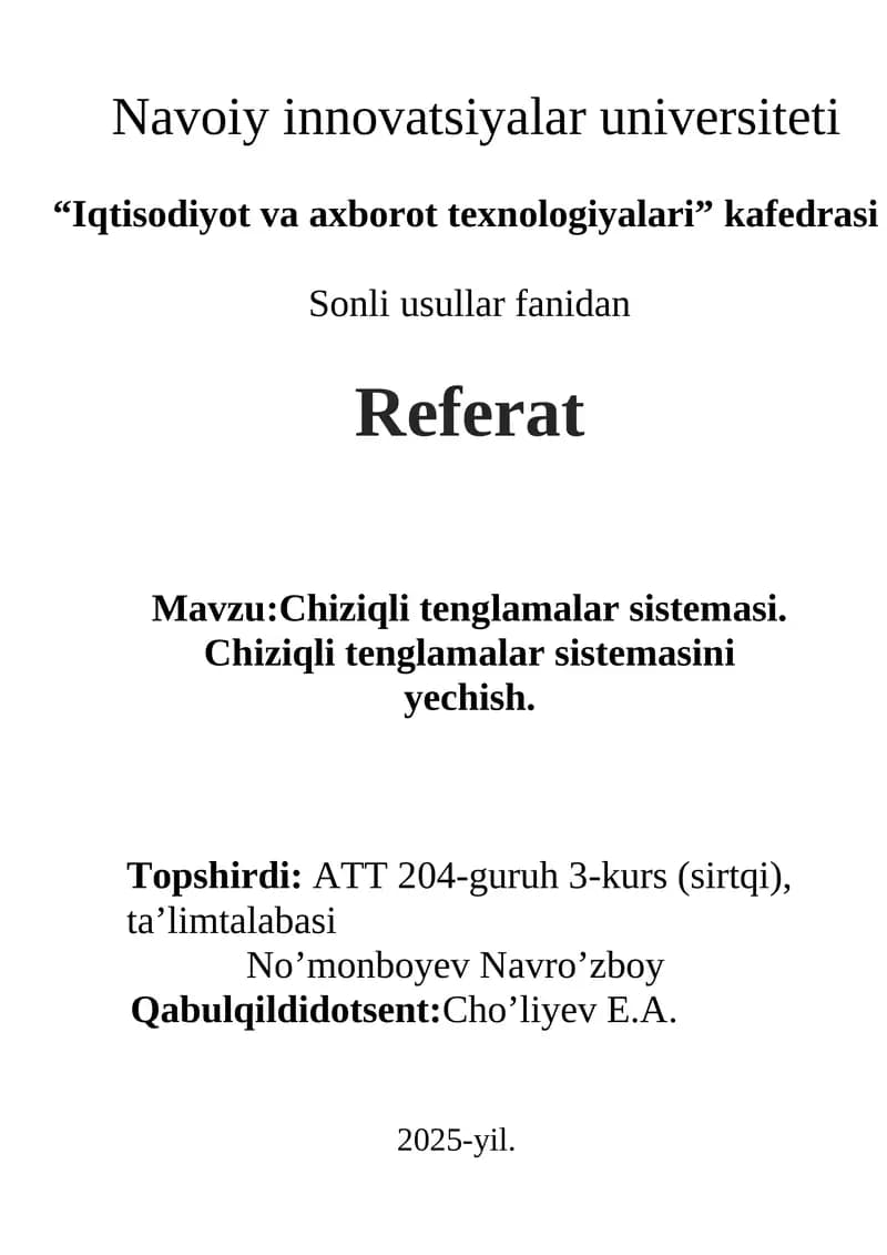 Chiziqli tenglamalar sistemasi referati