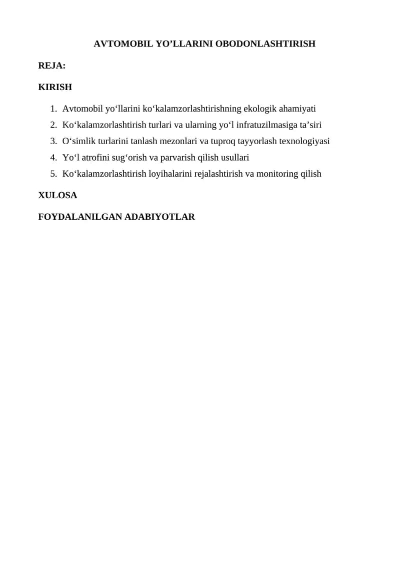 AVTOMOBIL YO’LLARINI OBODONLASHTIRISH