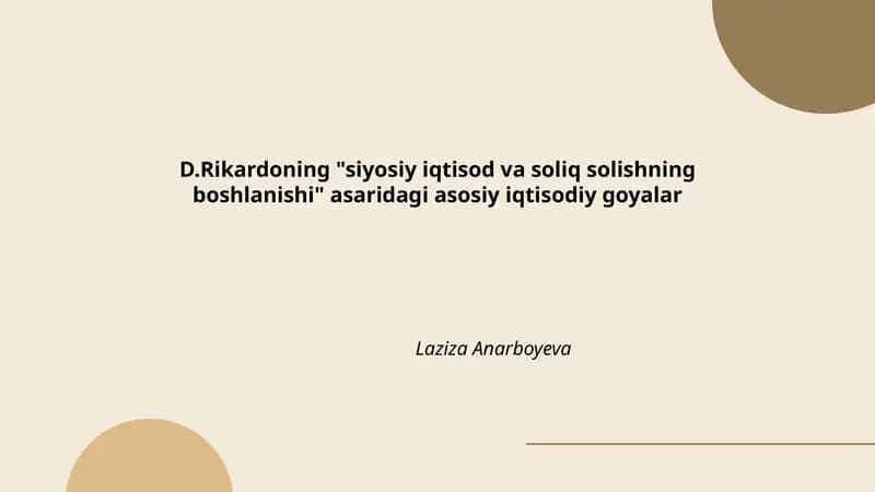 Rikardo Siyosiy iqtisod va soliq solishning boshlanishi