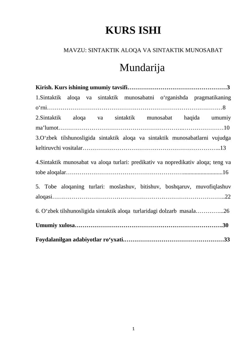 SINTAKTIK ALOQA VA SINTAKTIK MUNOSABAT