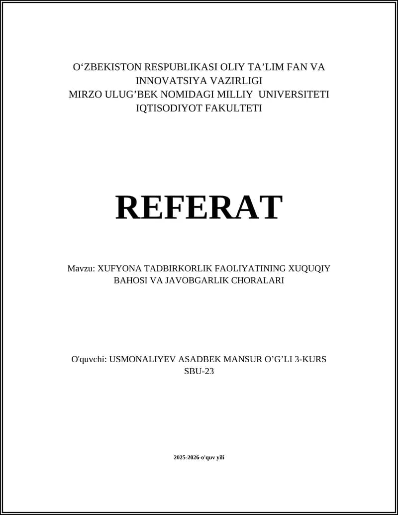 XUFYONA TADBIRKORLIK FAOLIYATINING XUQUQIY BAHOSI VA JAVOBGARLIK CHORALARI