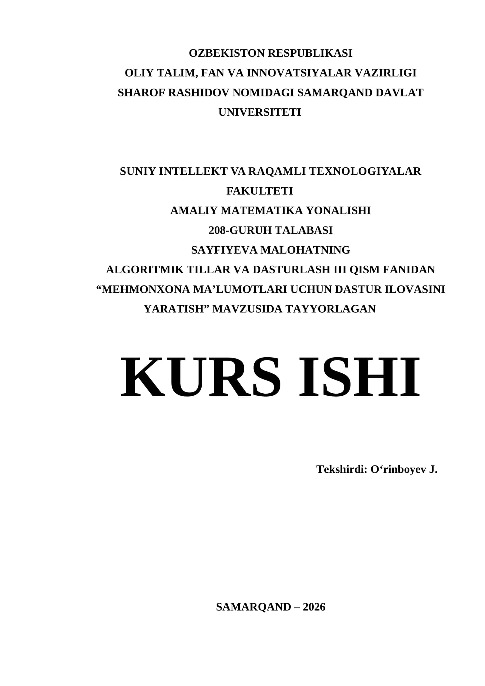 Visual Studio muhitida kurs ishi | MEHMONXONA MA’LUMOTLARI UCHUN DASTUR ILOVASINI YARATISH