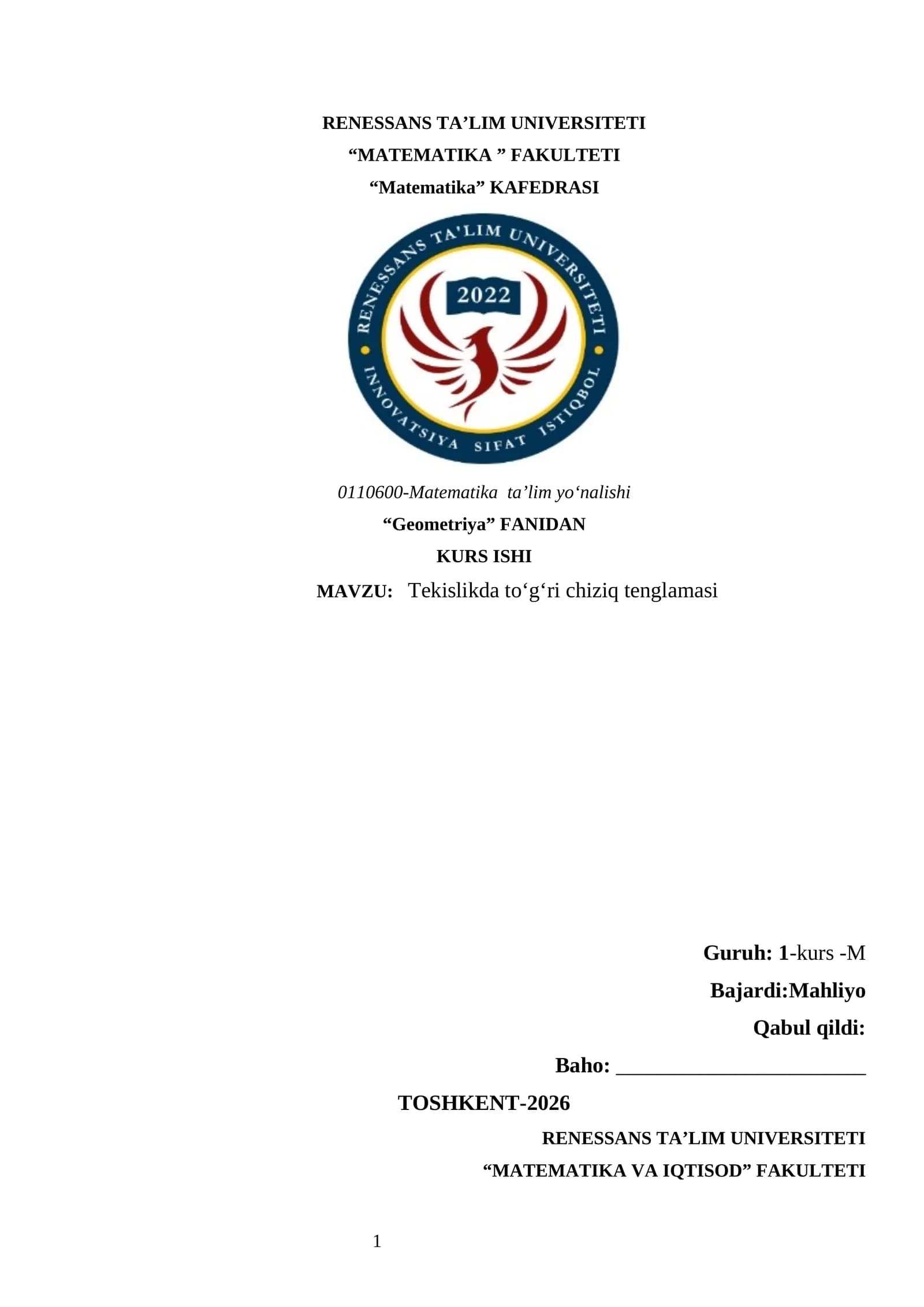 Tekislikda to'g'ri chiziq tenglamasi