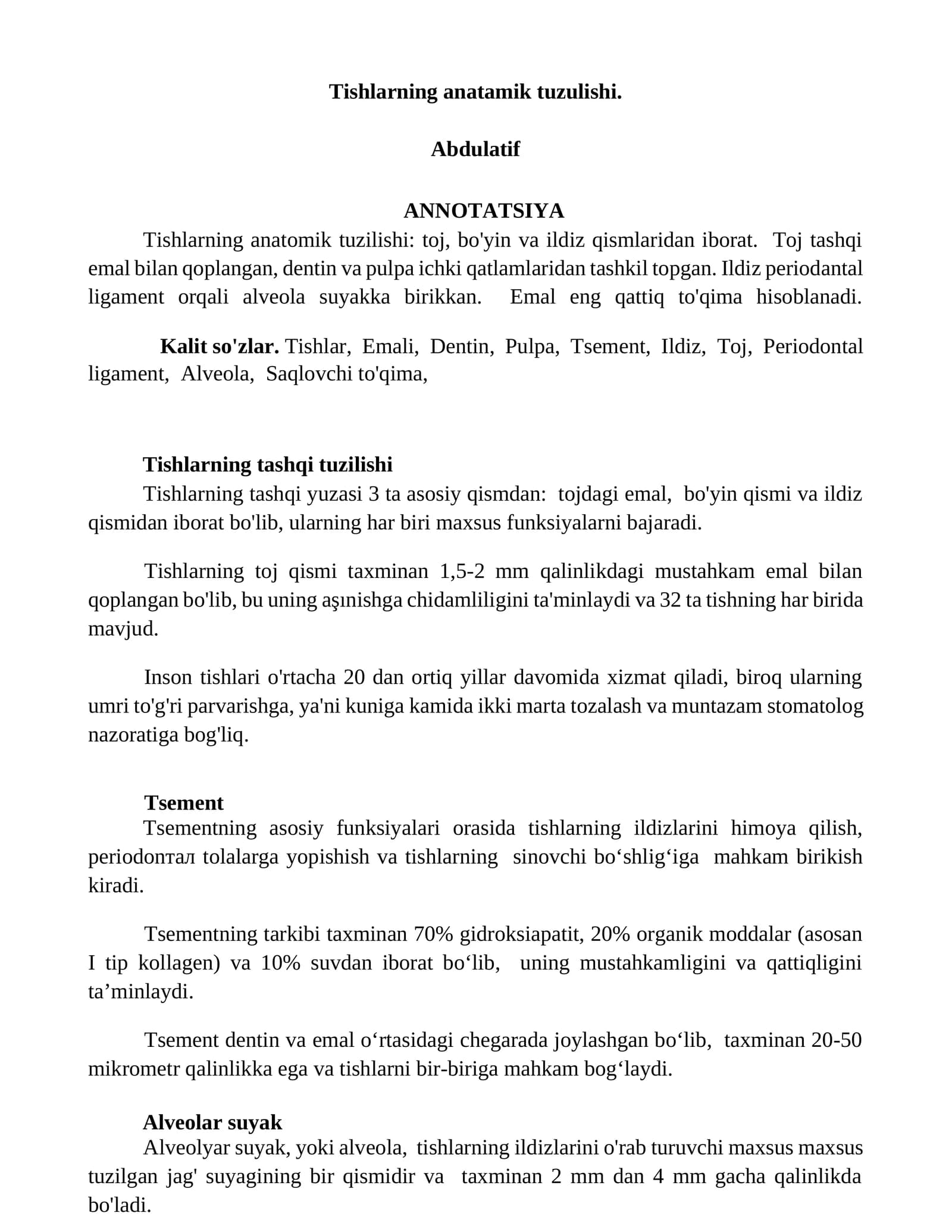 Tishlarning anatamik tuzulishi