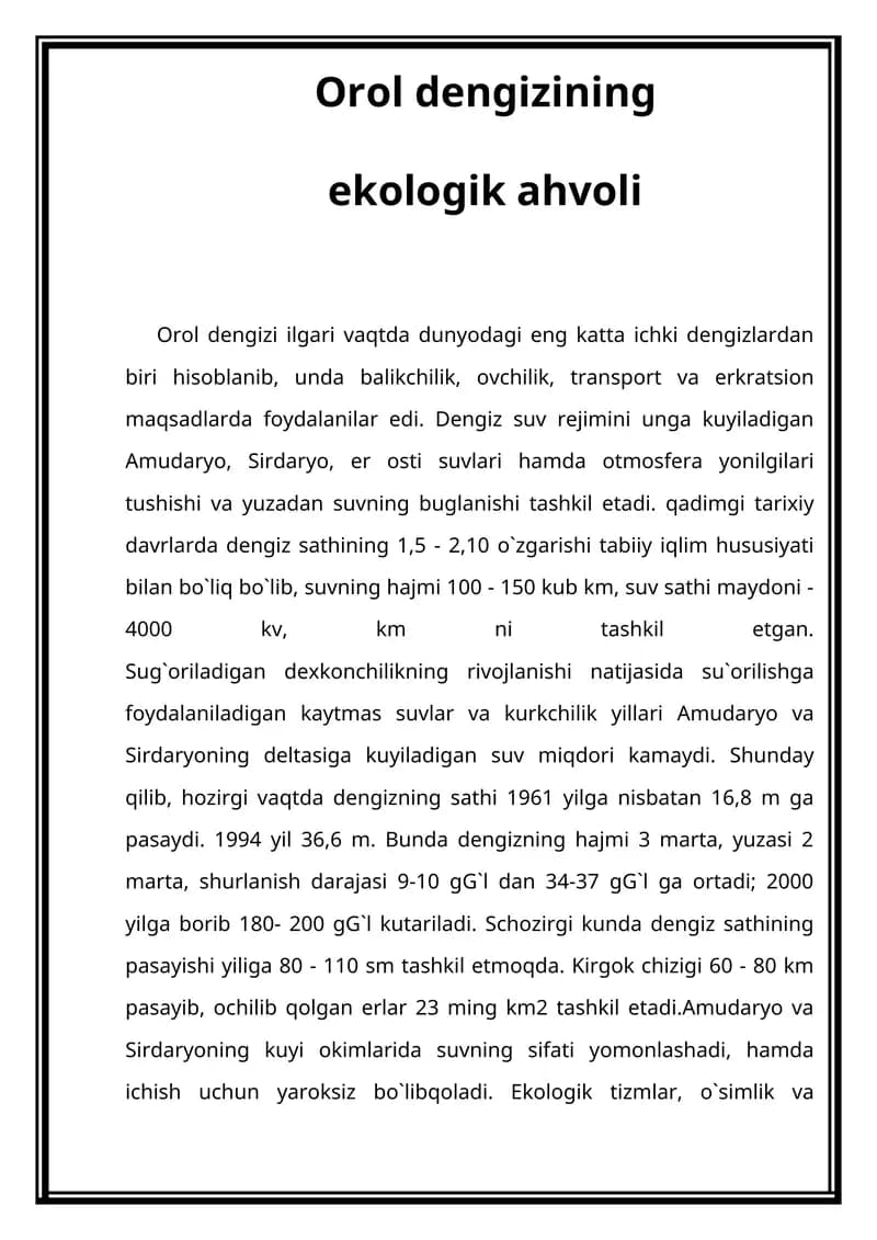Orol dengizining ekologik ahvoli