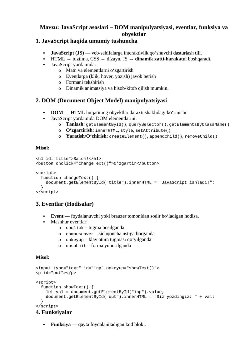 JavaScript asoslari – DOM manipulyatsiyasi, eventlar, funksiya va obyektlar