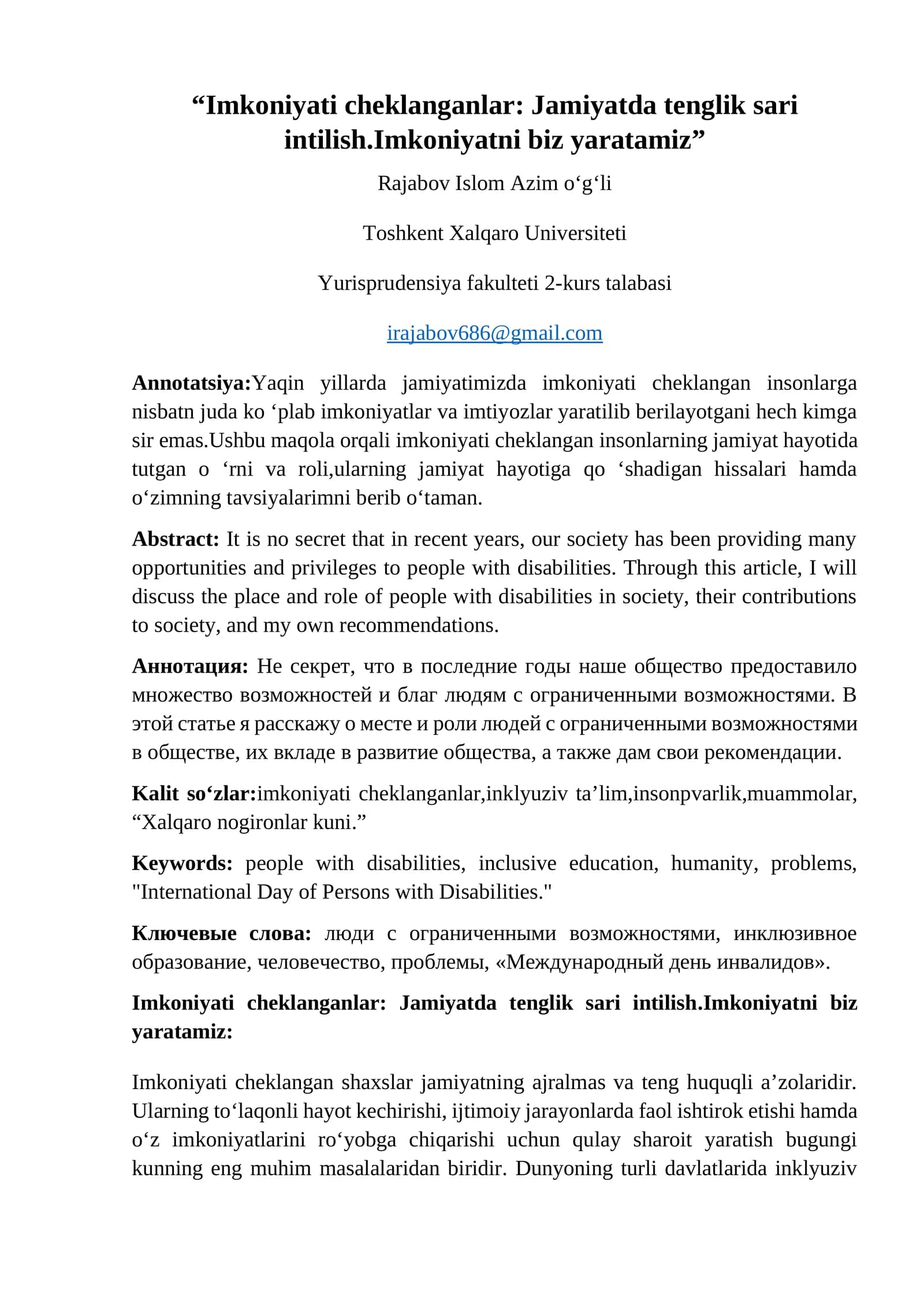 Imkoniyati cheklangan insonlar uchun-imkoniyatni biz yaratamiz