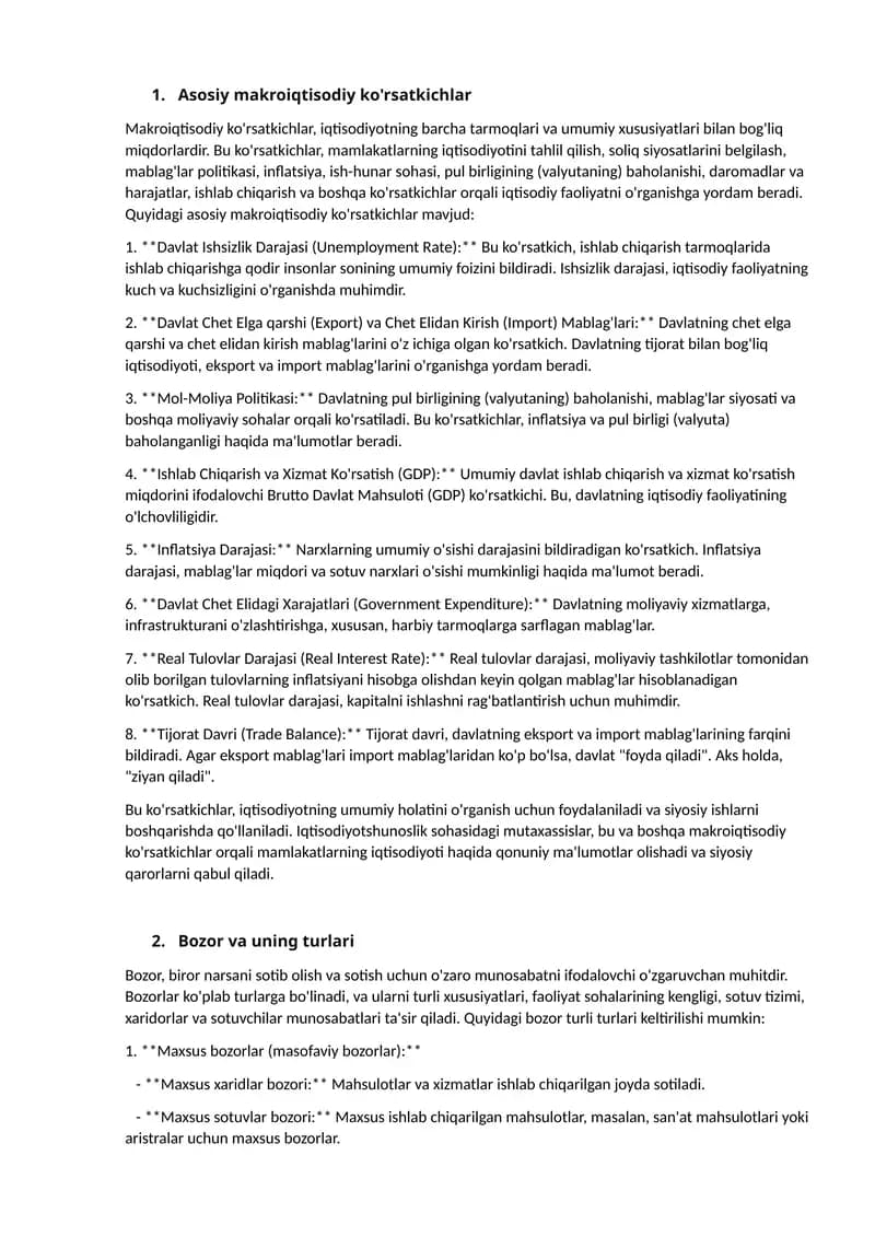 Asosiy makroiqtisodiy ko'rsatkichlar