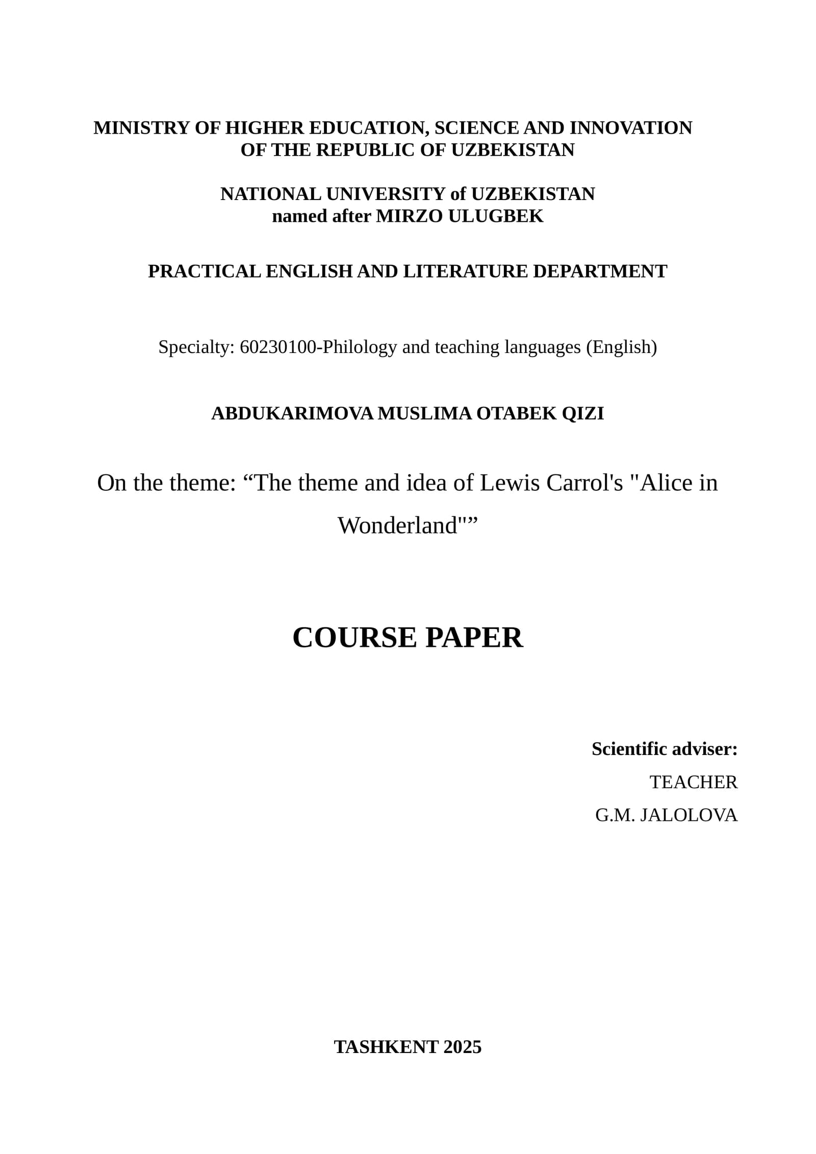 Alice in Wonderland Course Paper
