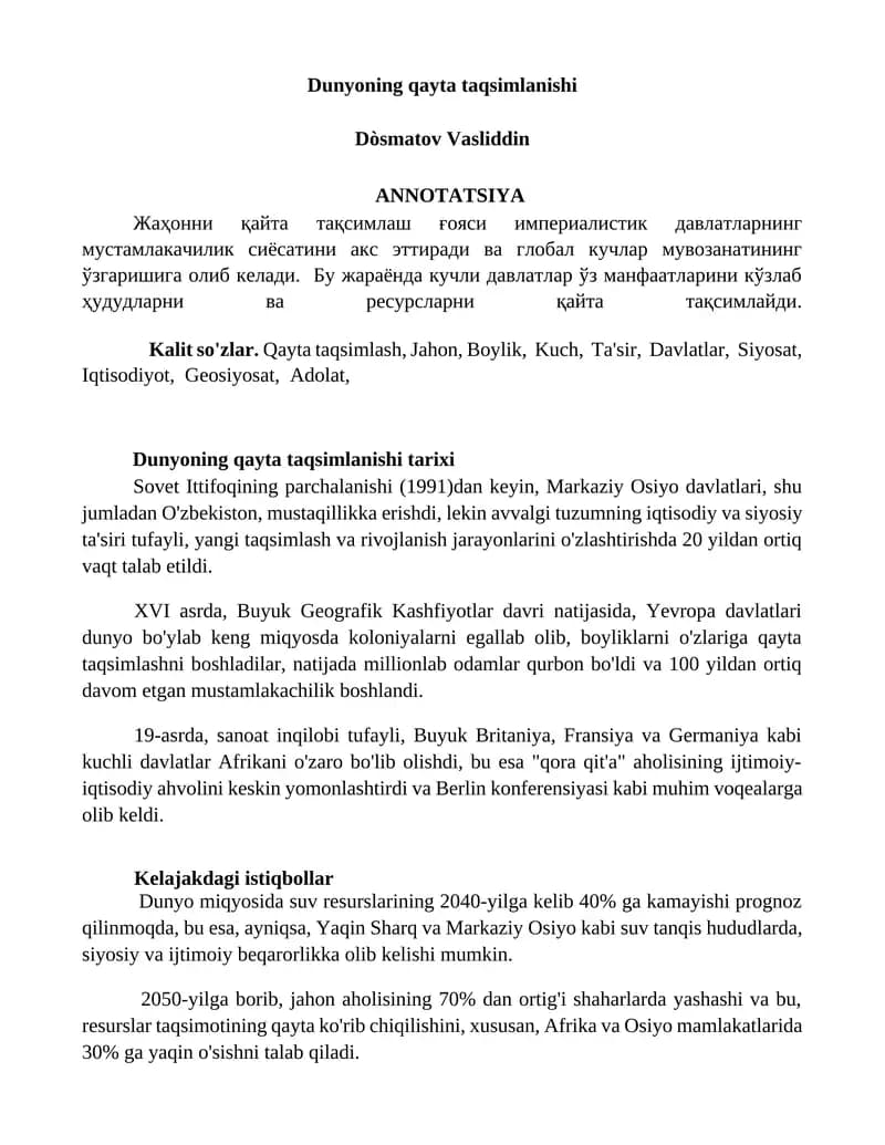 Dunyoning qayta taqsimlanishi