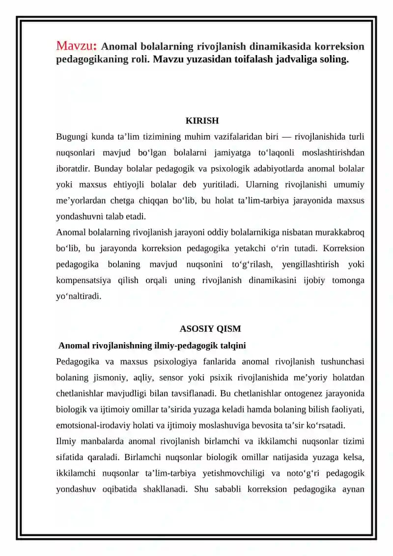 Anomal bolalarning rivojlanish dinamikasi