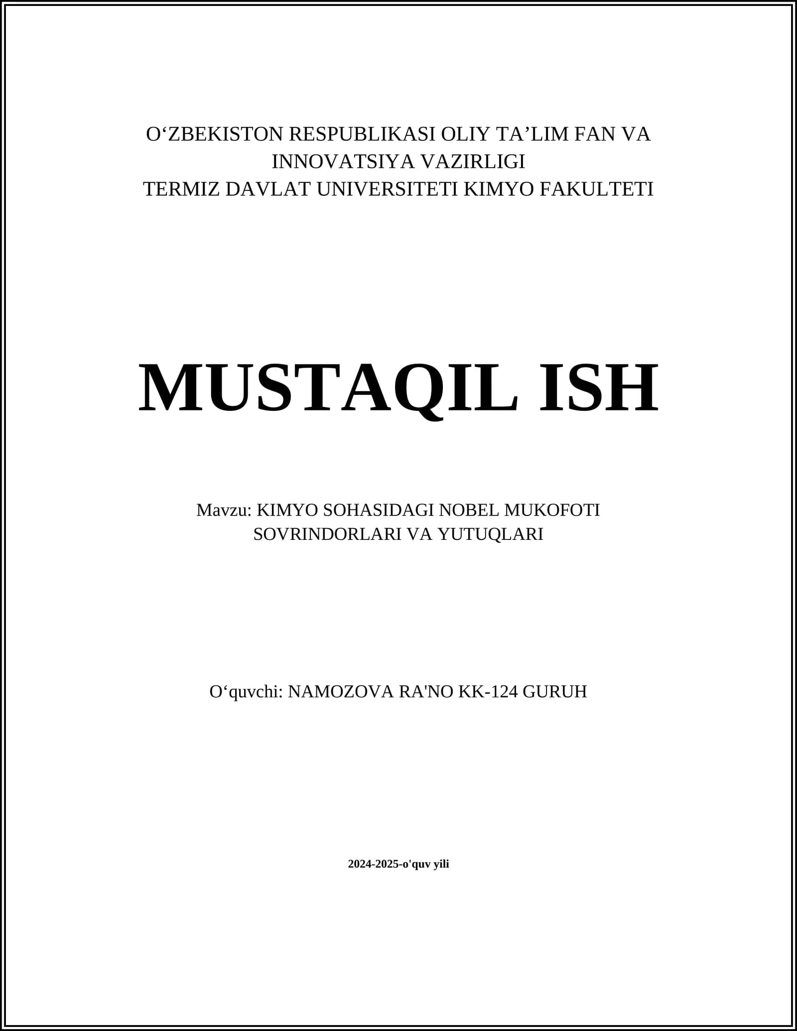 KIMYO SOHASIDAGI NOBEL MUKOFOTI