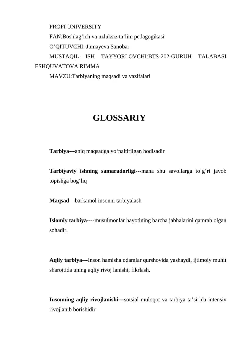 Tarbiyaning maqsadi va vazifalari