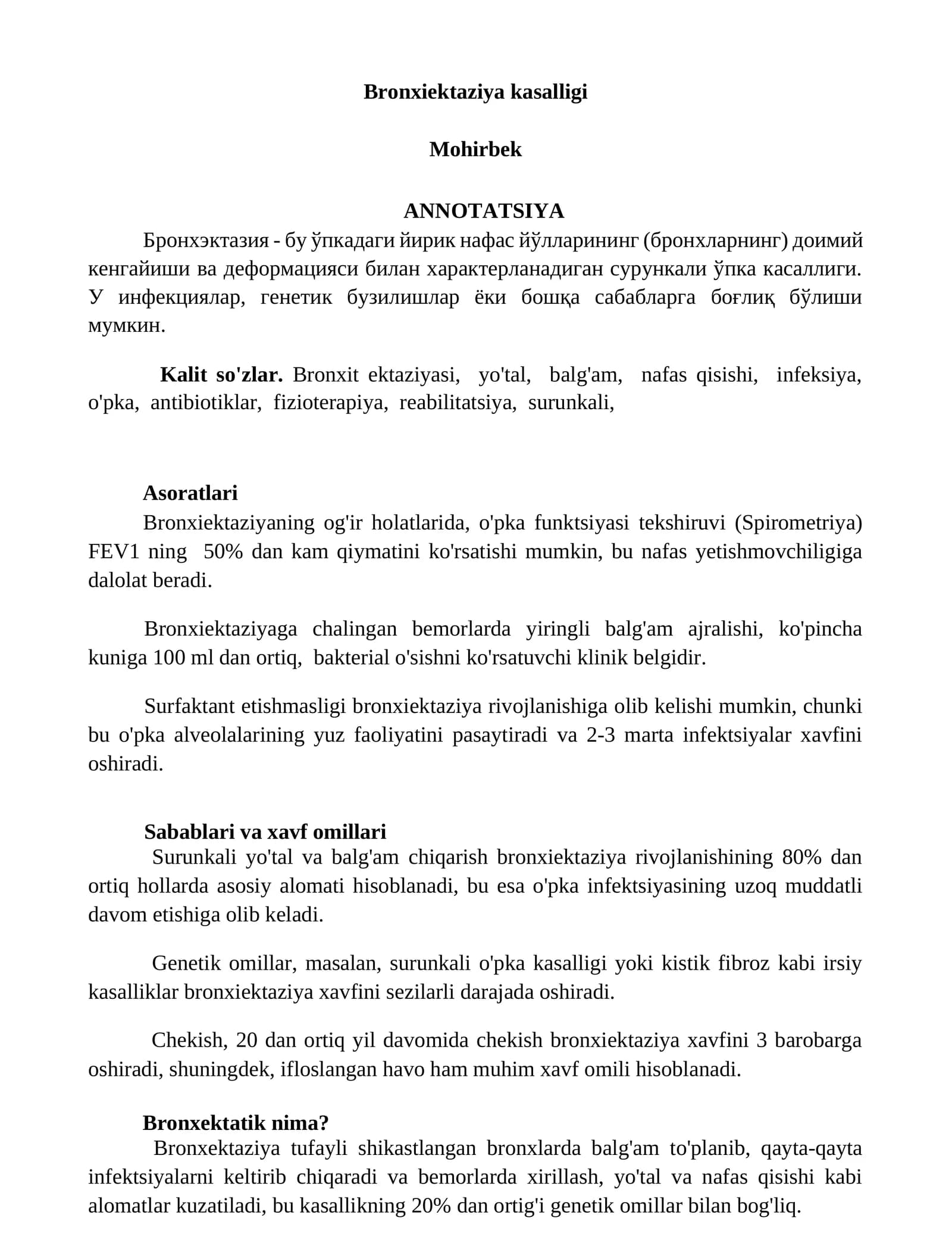 Bronxiektaziya kasalligi