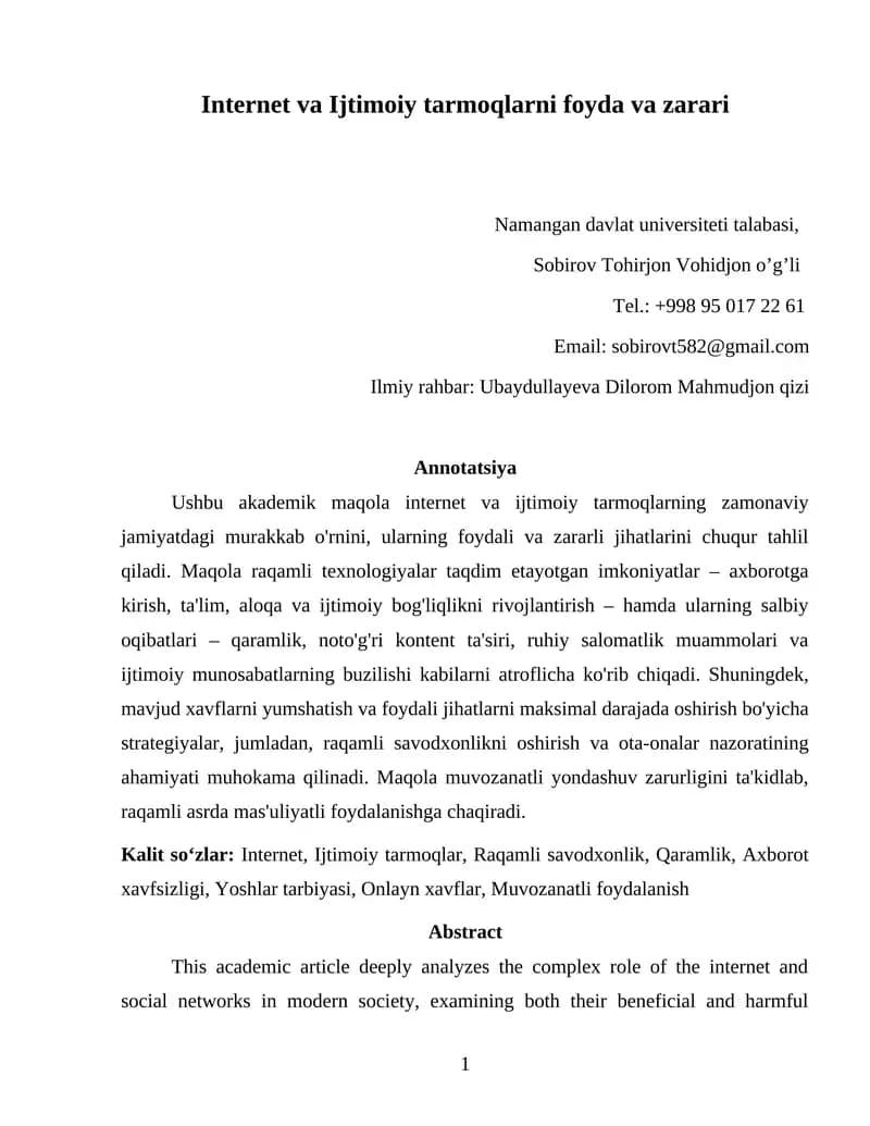Internet va Ijtimoiy tarmoqlarni foyda va zarari